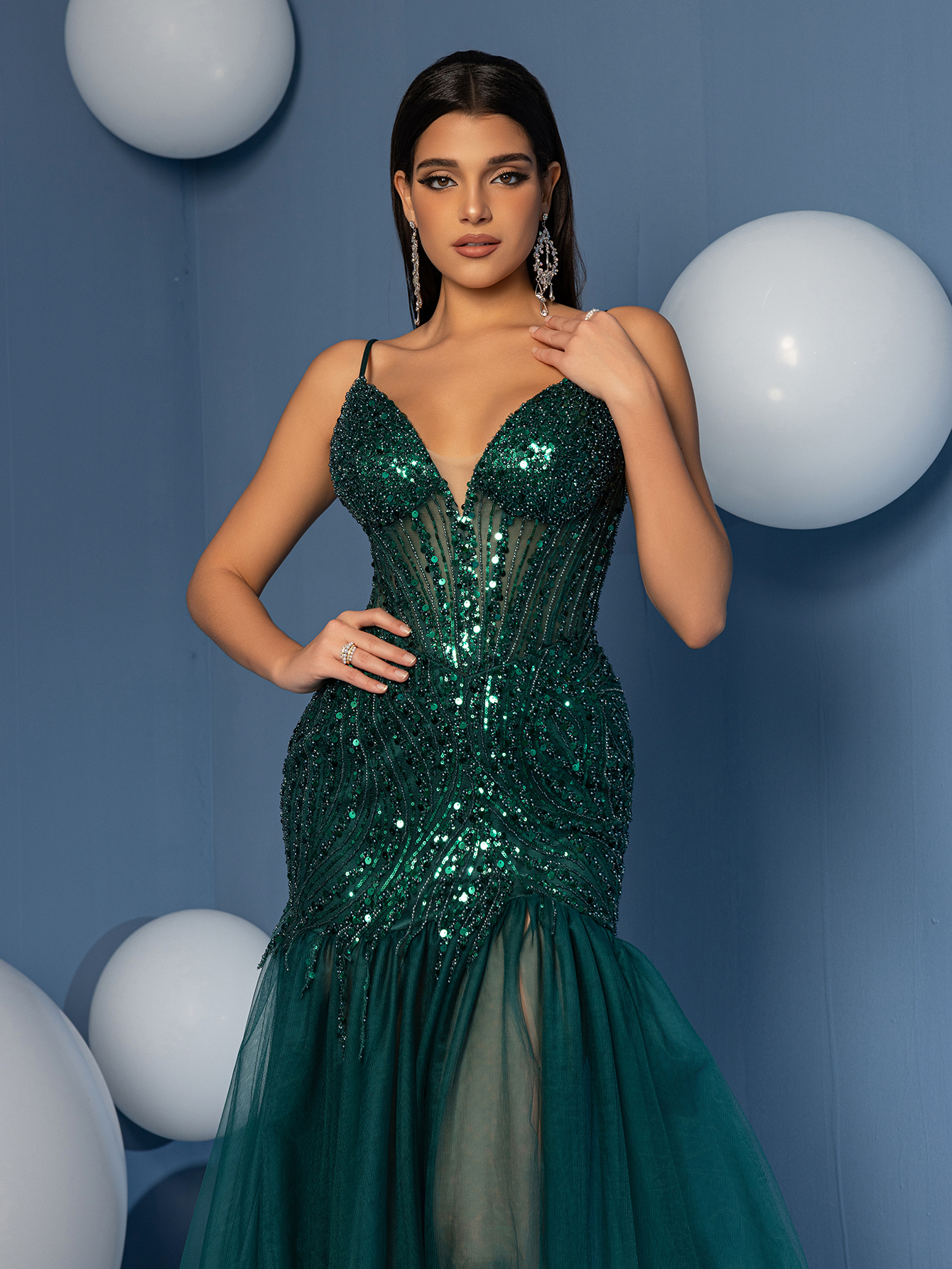 Modecrush Deep V Neck Spaghetti Mermaid Prom Dress