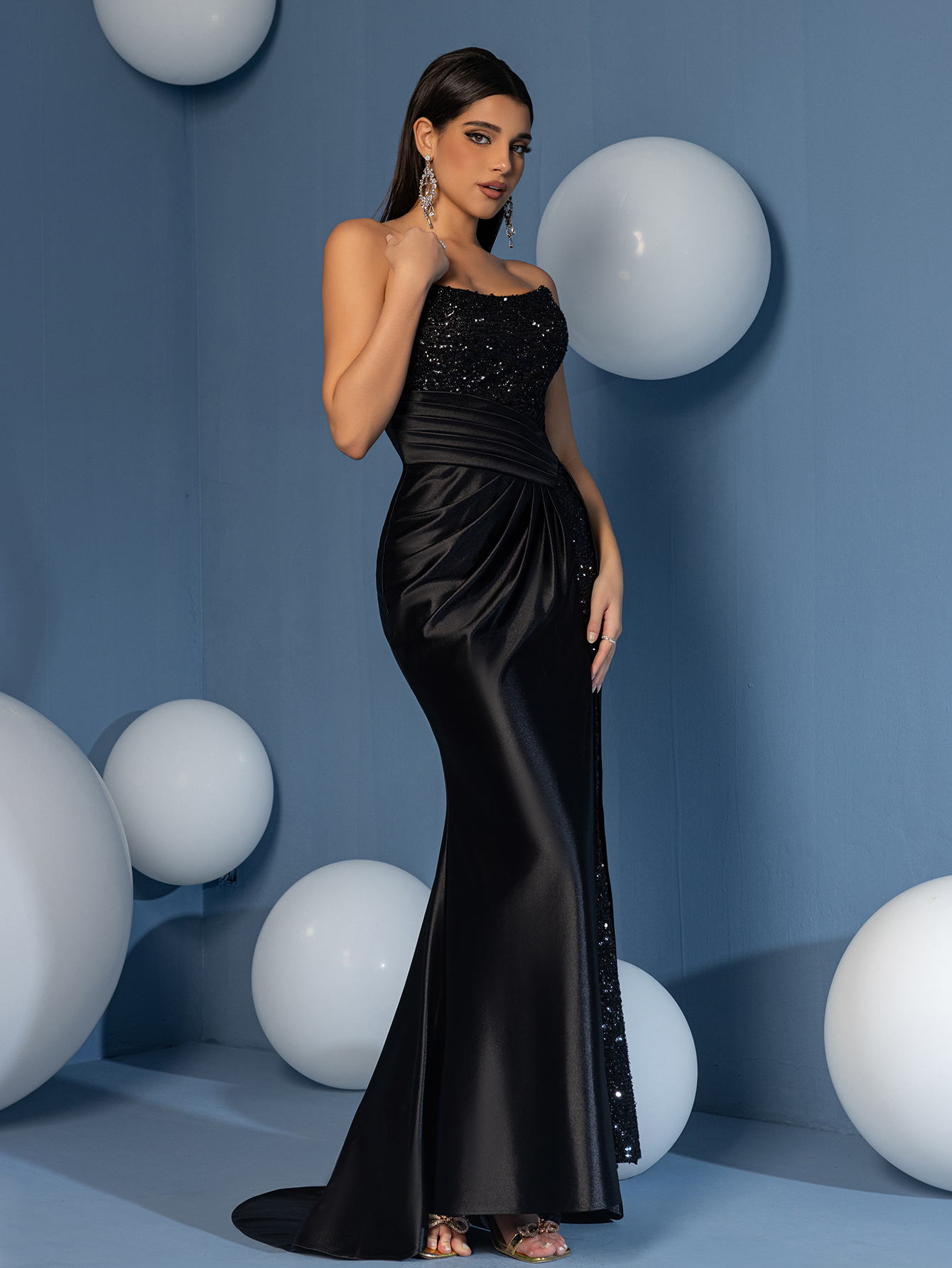 Modecrush Taffeta Overlay Sequin Split Thigh Sheath Evening Woman Dress For Dinner And Party