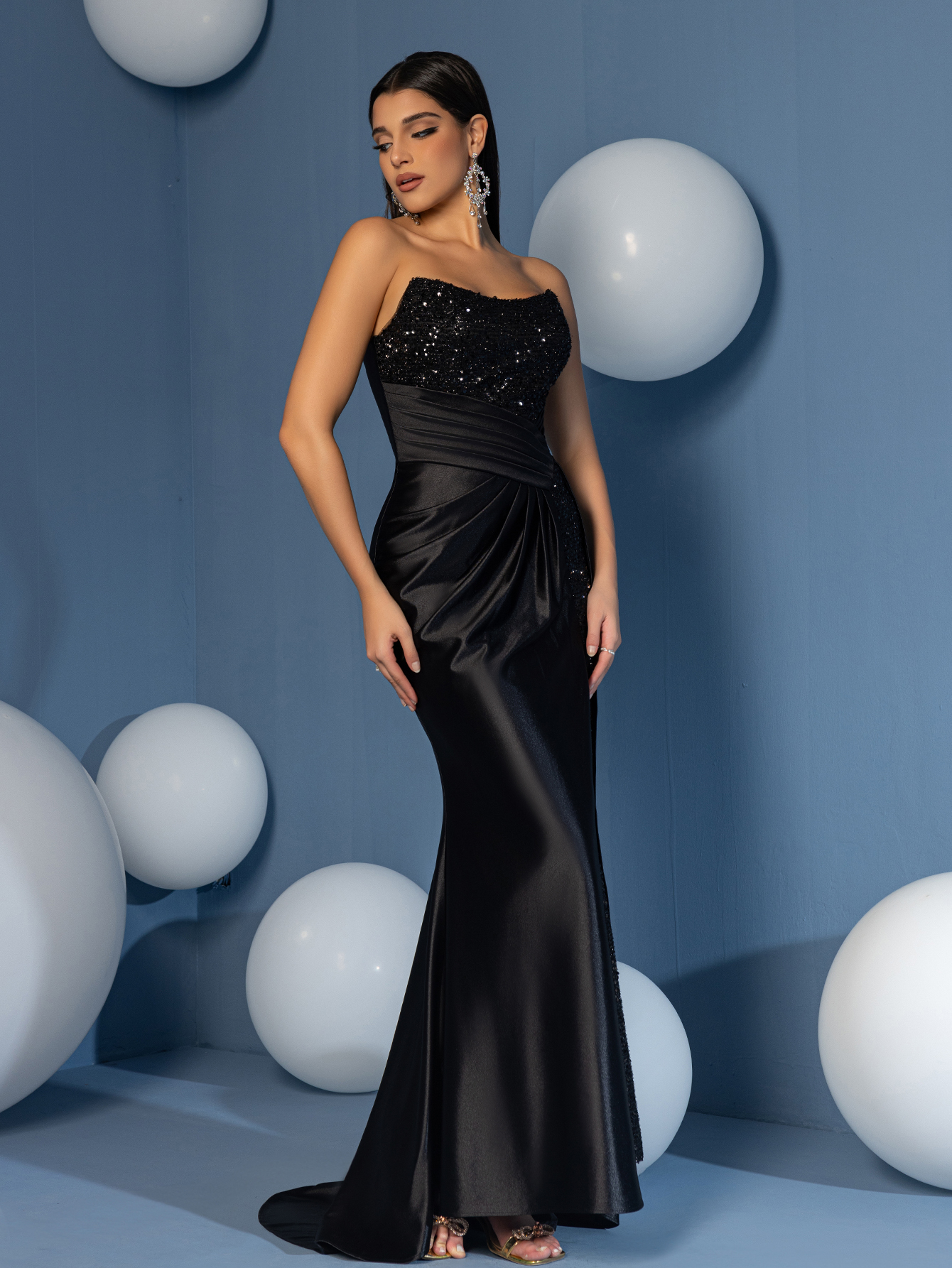 Modecrush Taffeta Overlay Sequin Split Thigh Sheath Evening Woman Dress For Dinner And Party