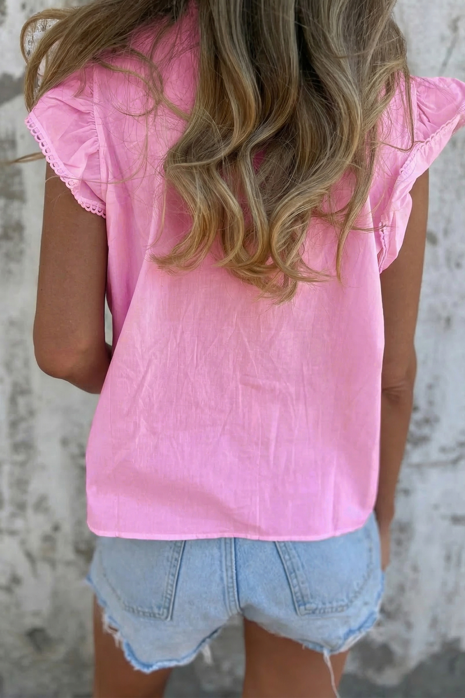 Lvness Lace Detail Flutter Sleeve Pleated Round Neck Blouse