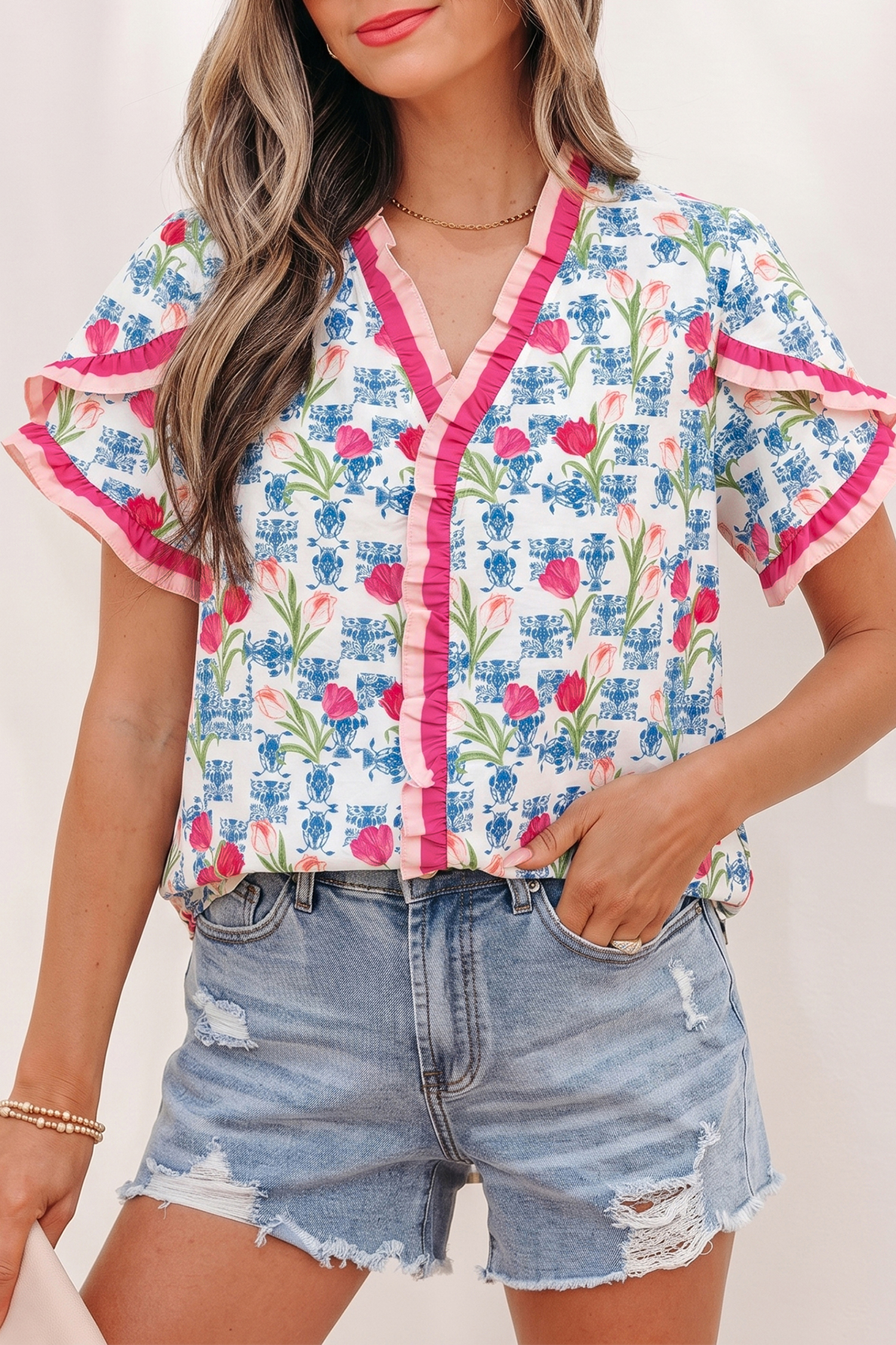 Lvness Rose Floral Print Ruffle V-Neck Short Sleeve Loose Tunic Shirt