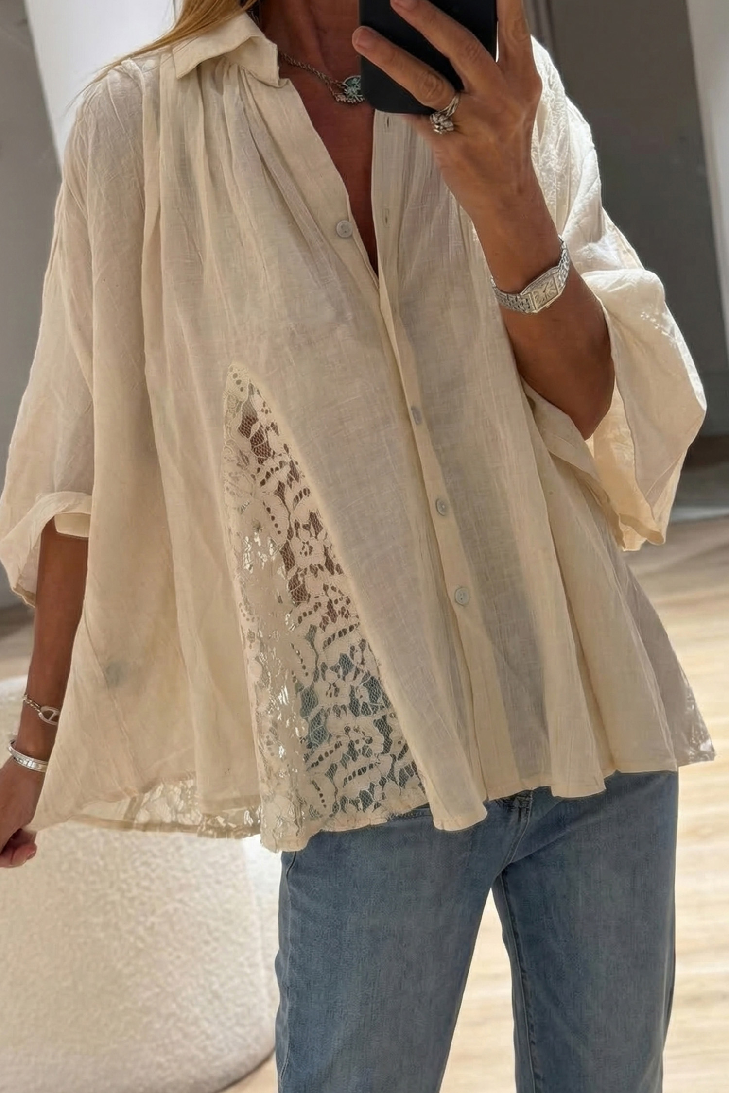 Lvness Oatmeal Sheer Lace Splicing Detail Bracelet Sleeve Loose Flowy Shirt