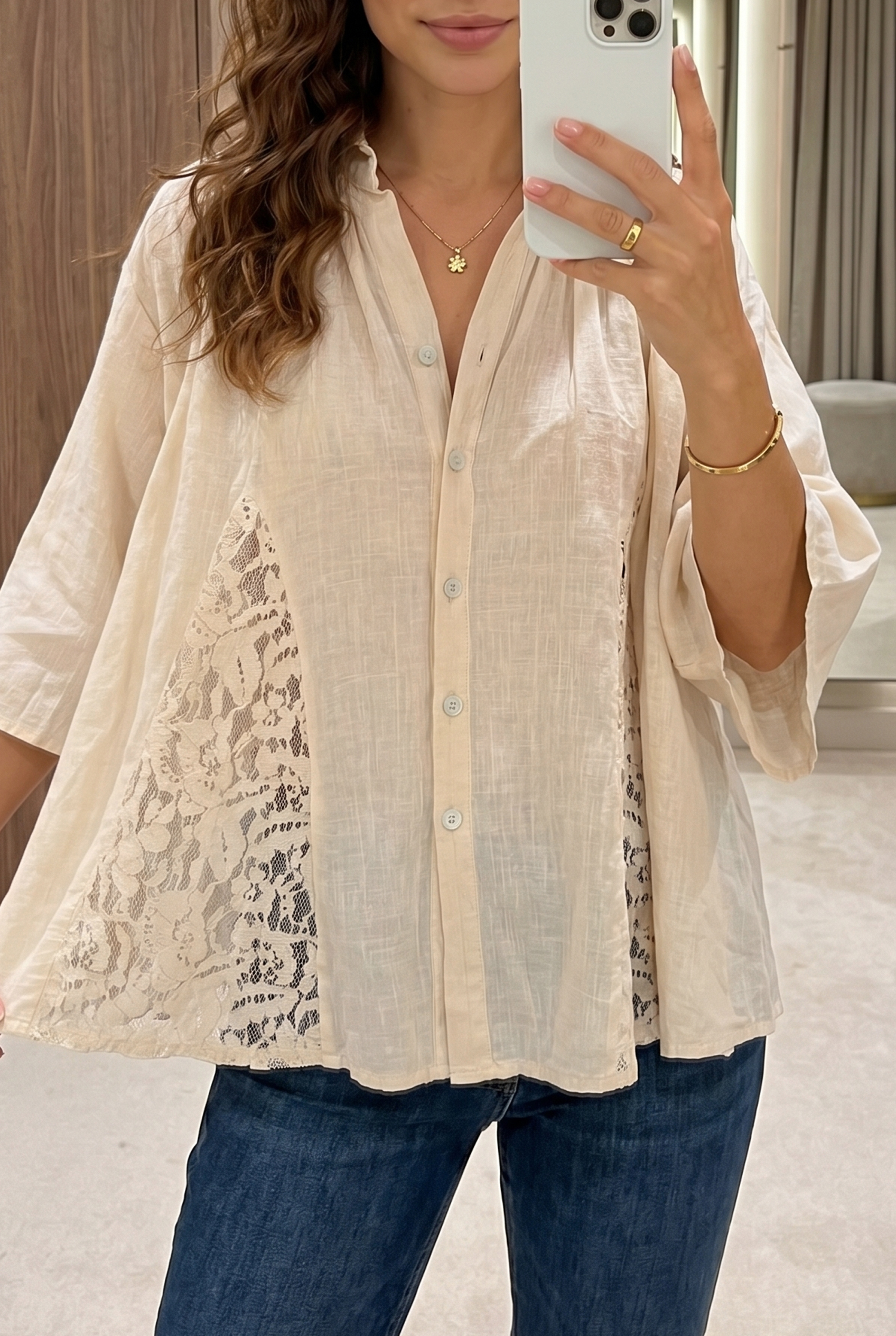Lvness Oatmeal Sheer Lace Splicing Detail Bracelet Sleeve Loose Flowy Shirt