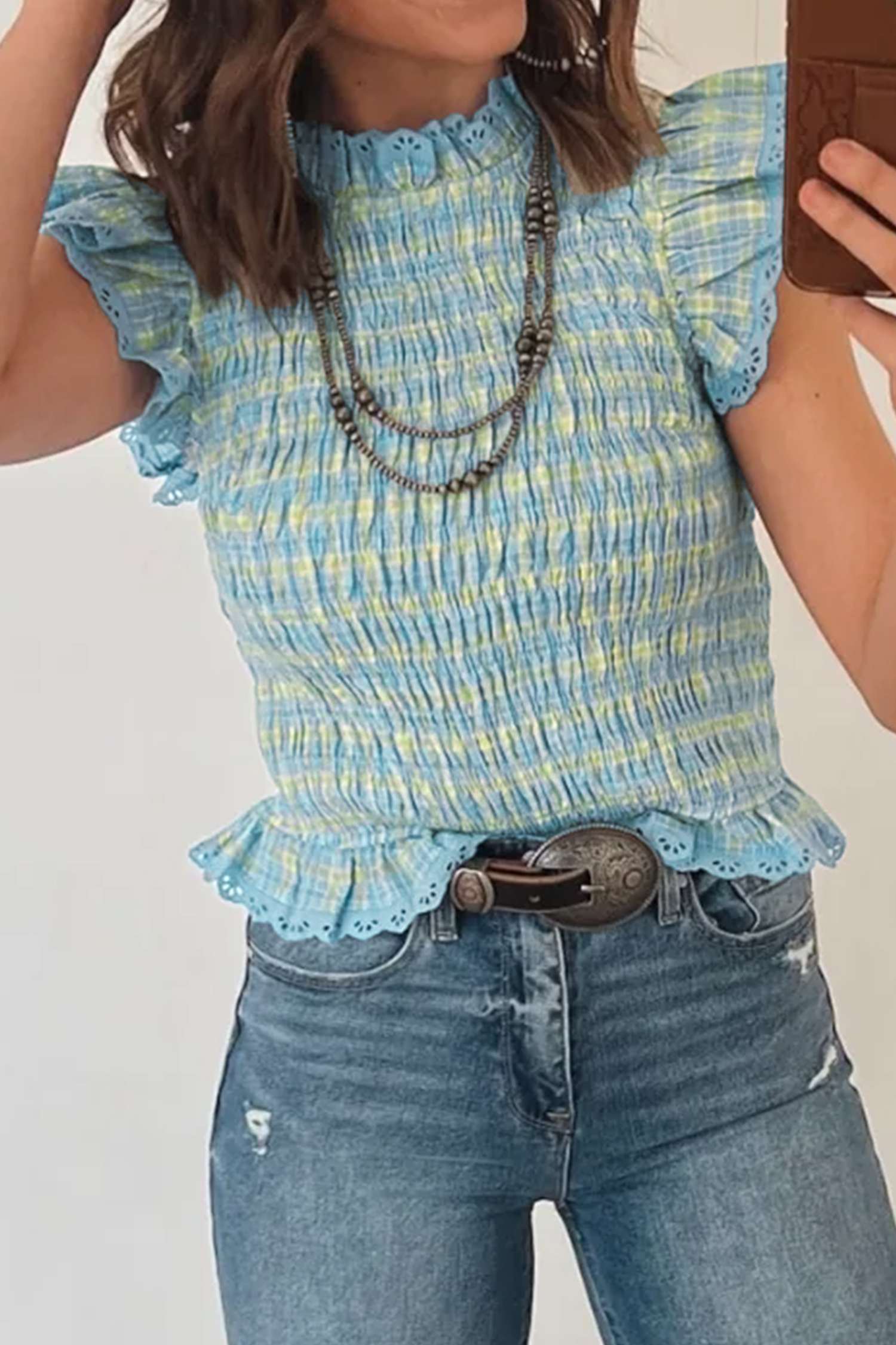 Lvness Multicolour Gingham Smoked Lace Trim Tank Top