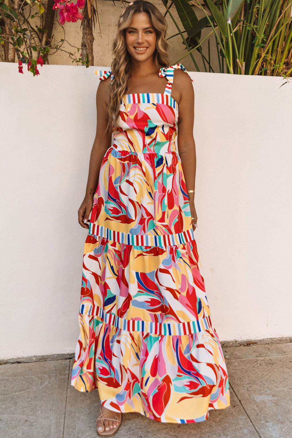 Lvness Multicolor Abstract Print Striped Trim Maxi Sundress