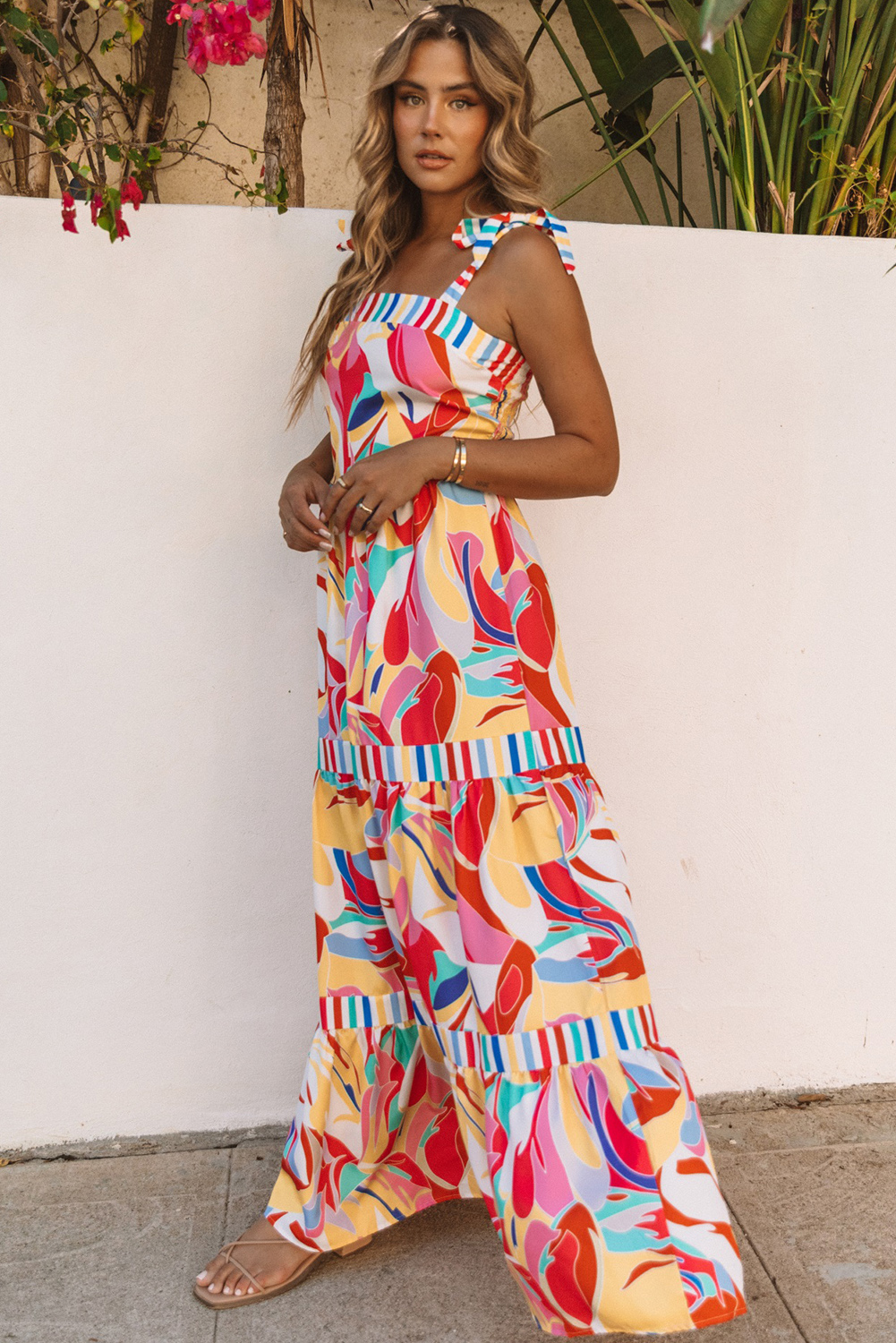 Lvness Multicolor Abstract Print Striped Trim Maxi Sundress