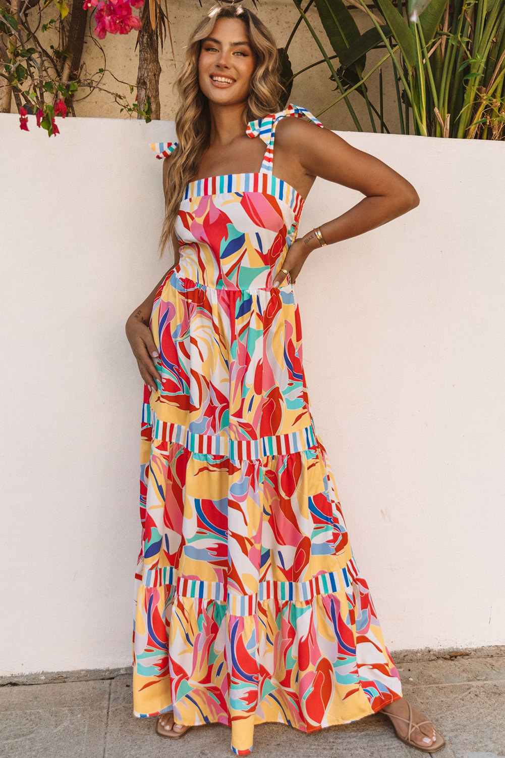 Lvness Multicolor Abstract Print Striped Trim Maxi Sundress