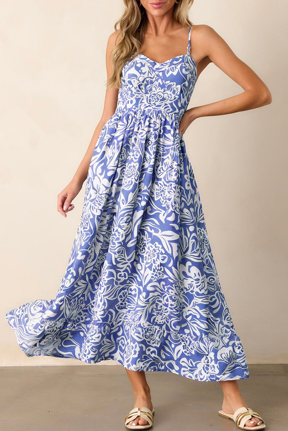 Lvness Blue Floral Print Spaghetti Strap High Waist Maxi Dress