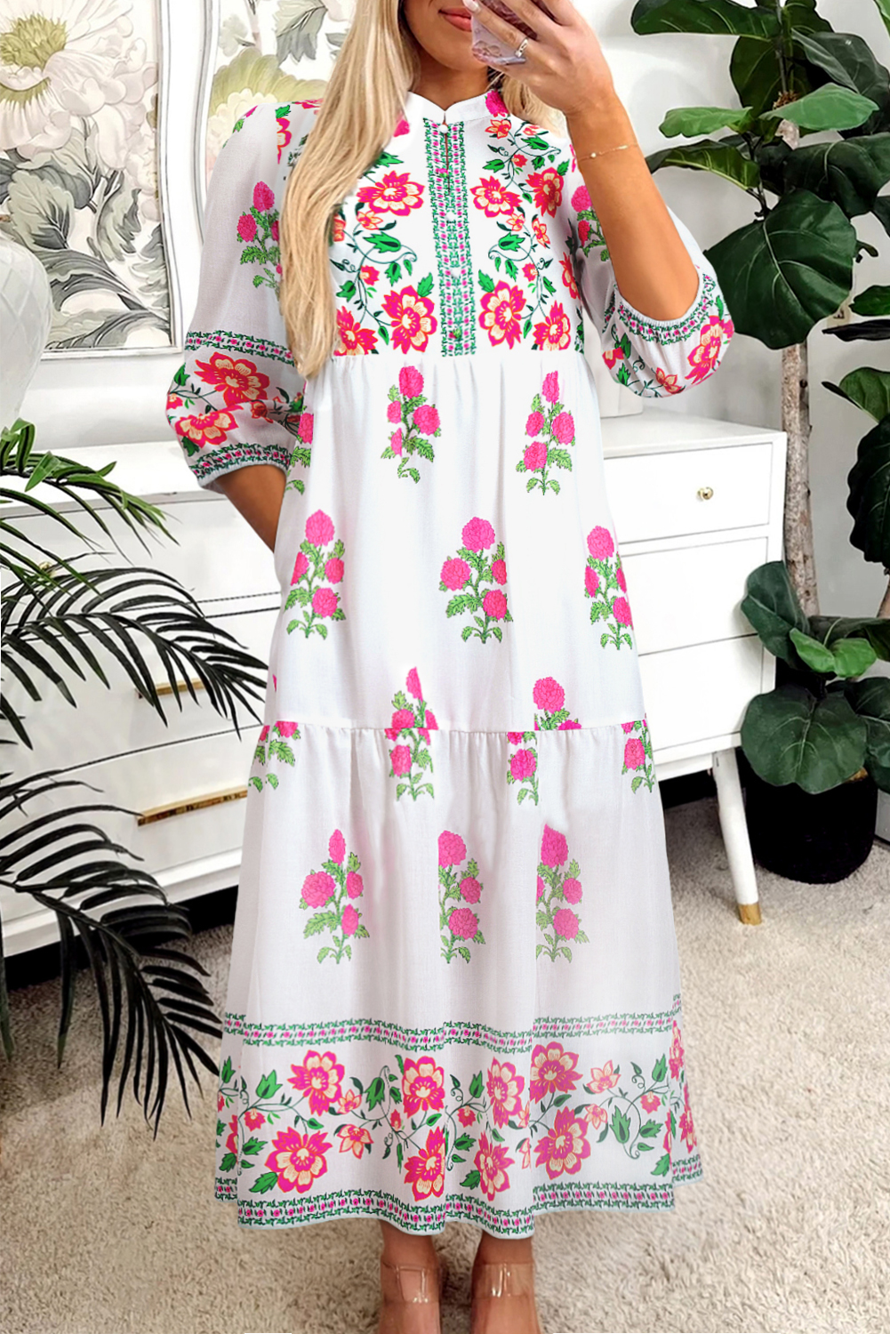 Lvness White Floral Print Half Button Mandarin Neck 3/4 Sleeve Maxi Dress