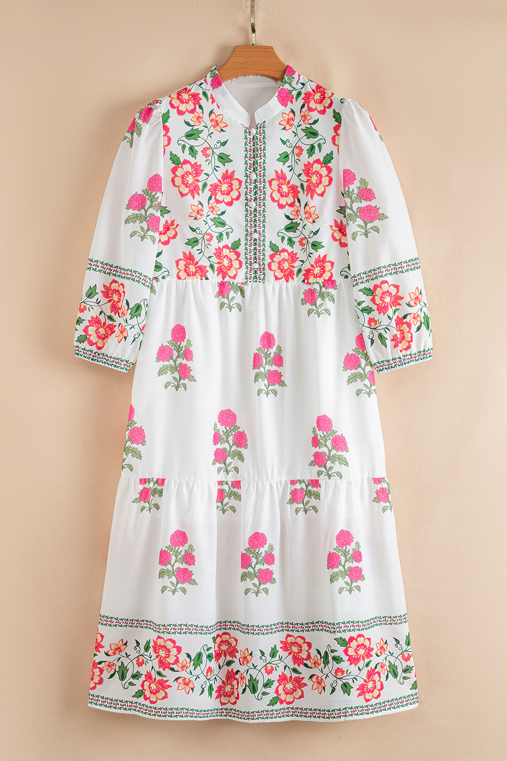 Lvness White Floral Print Half Button Mandarin Neck 3/4 Sleeve Maxi Dress