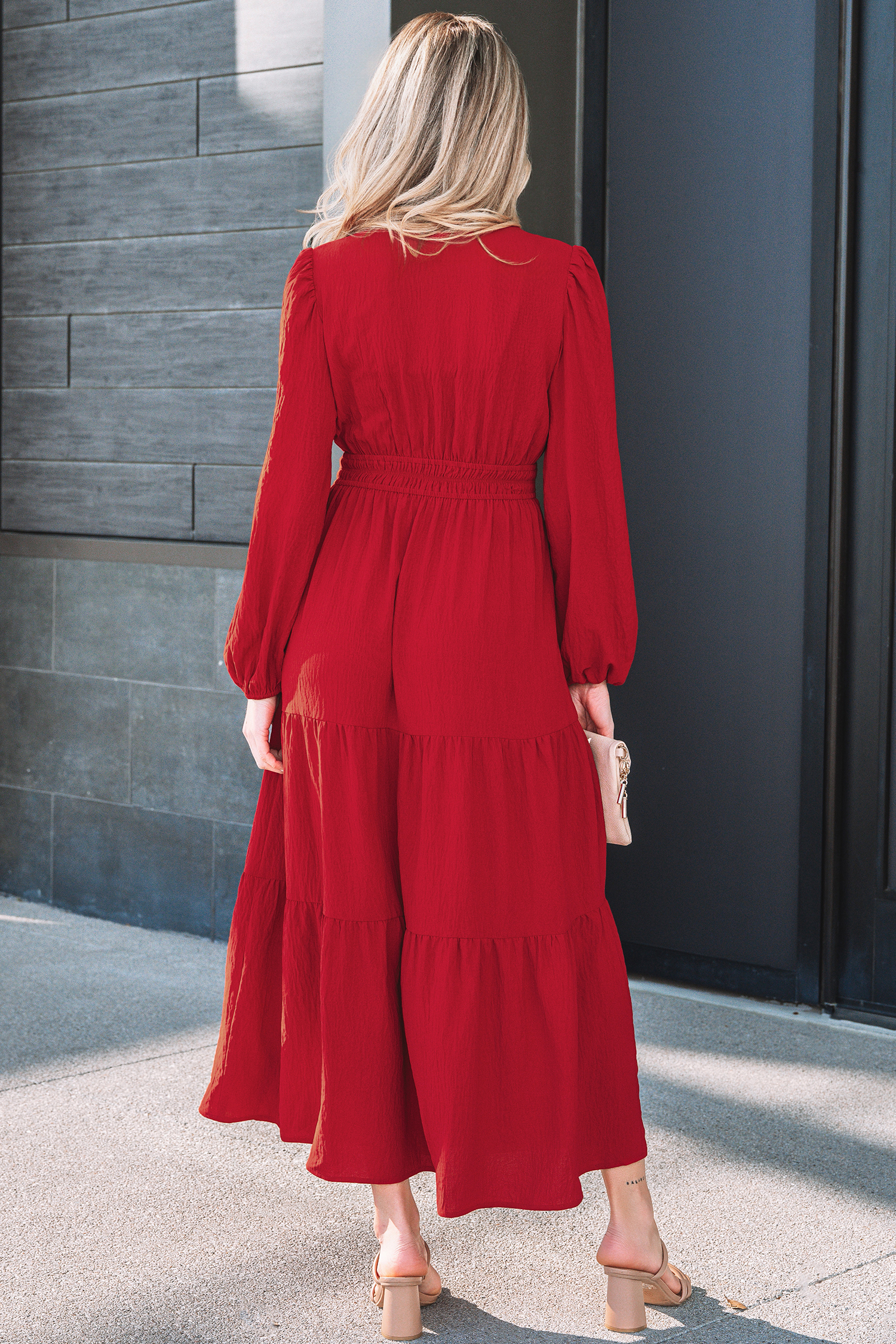 Lvness Red Contrast Embroidered Detail Cinched Waist Tiered Long Sleeve Maxi Dress