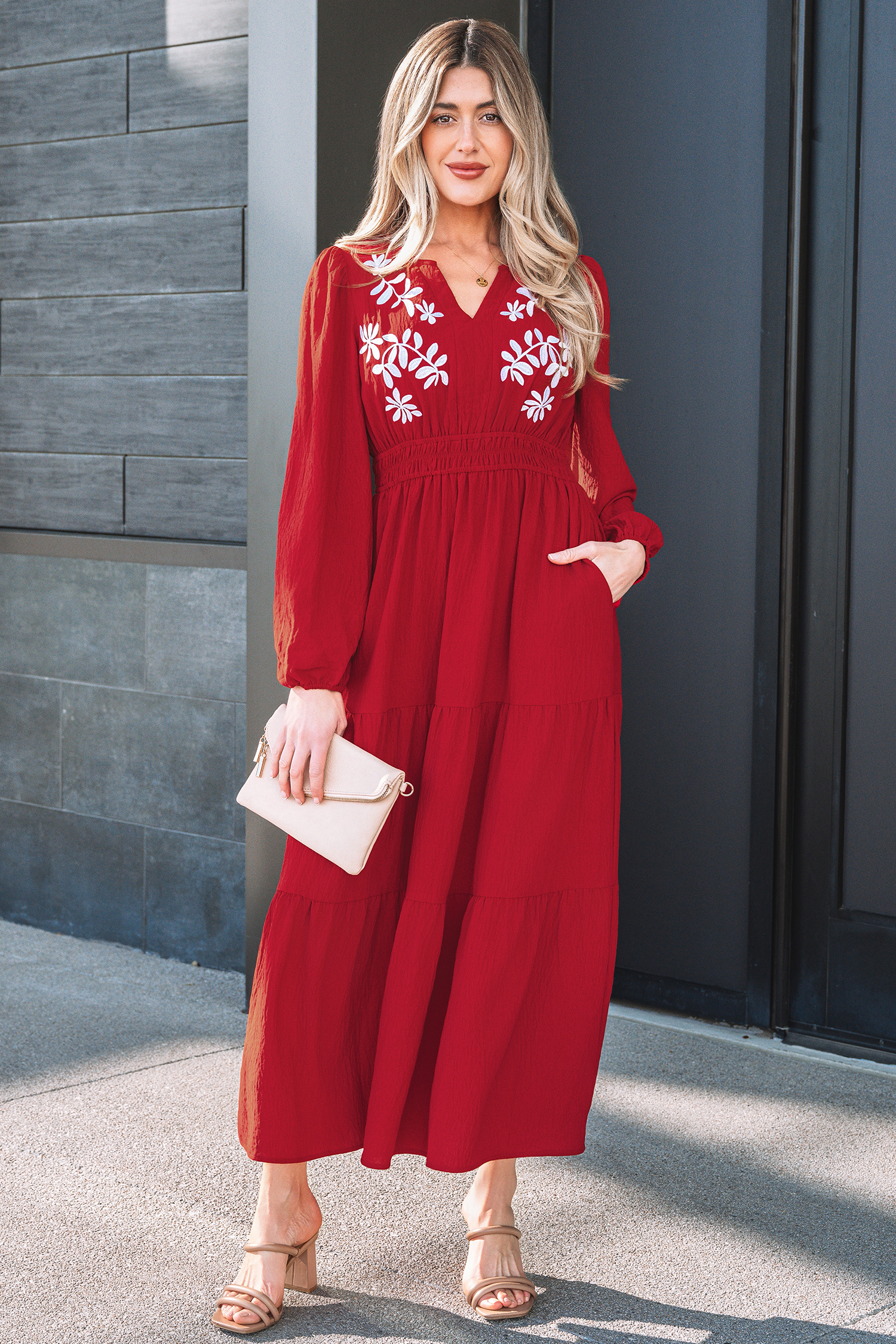 Lvness Red Contrast Embroidered Detail Cinched Waist Tiered Long Sleeve Maxi Dress