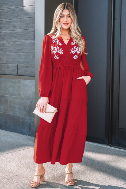 Lvness Red Contrast Embroidered Detail Cinched Waist Tiered Long Sleeve Maxi Dress