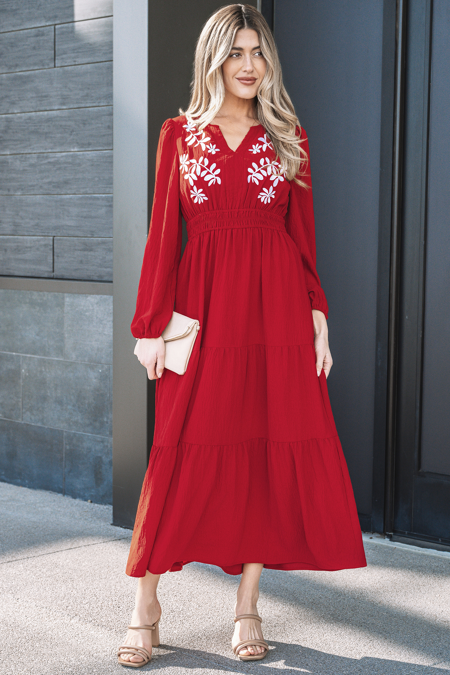 Lvness Red Contrast Embroidered Detail Cinched Waist Tiered Long Sleeve Maxi Dress