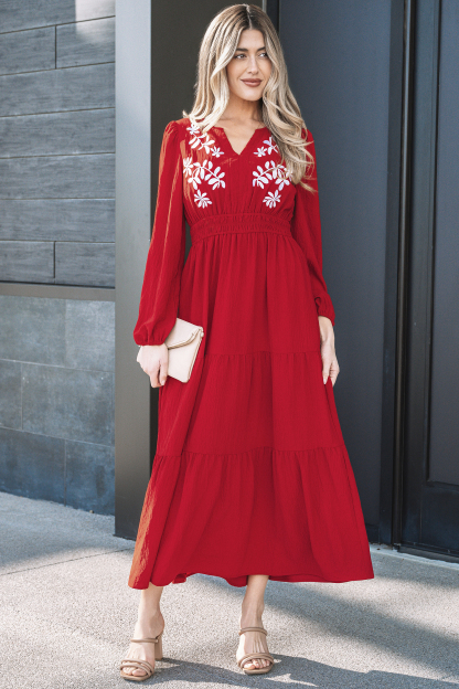Lvness Red Contrast Embroidered Detail Cinched Waist Tiered Long Sleeve Maxi Dress