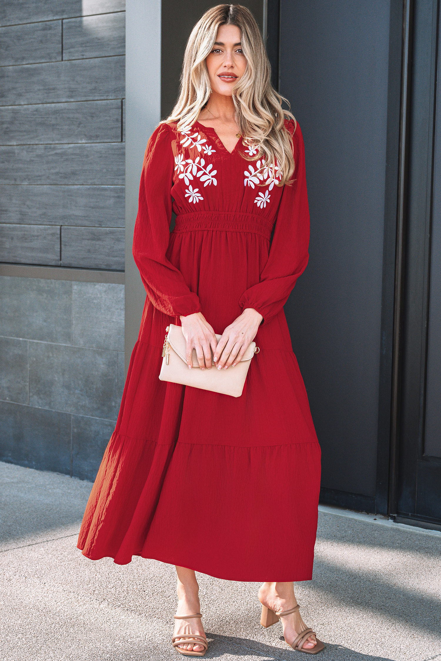 Lvness Red Contrast Embroidered Detail Cinched Waist Tiered Long Sleeve Maxi Dress