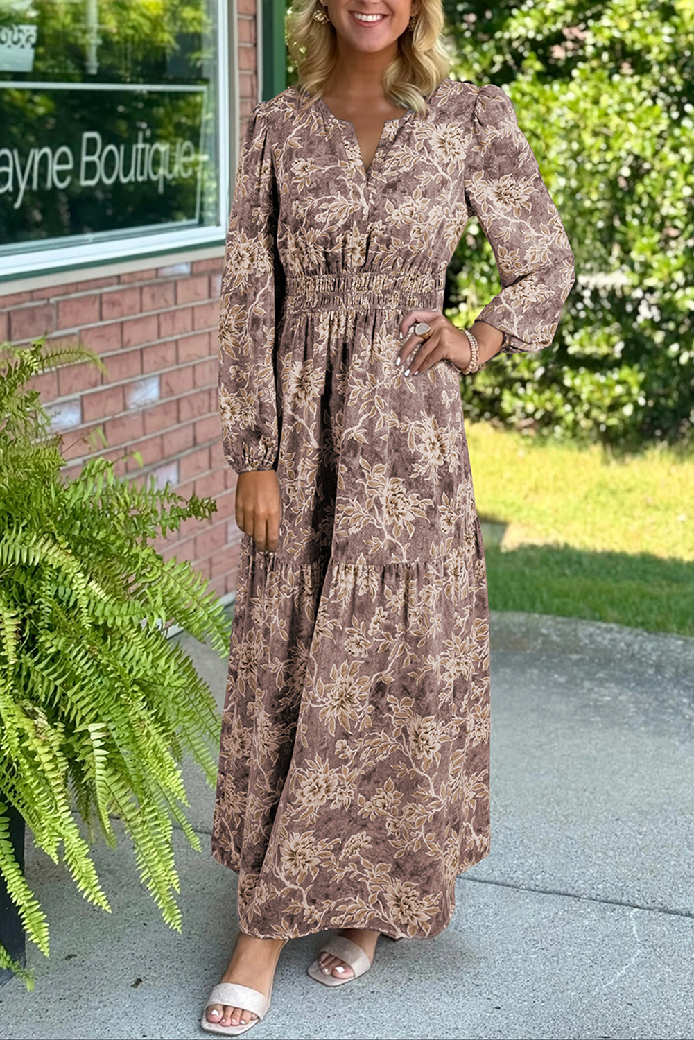Lvness Brown Floral Print Smocked High Waist Long Sleeve Maxi Dress