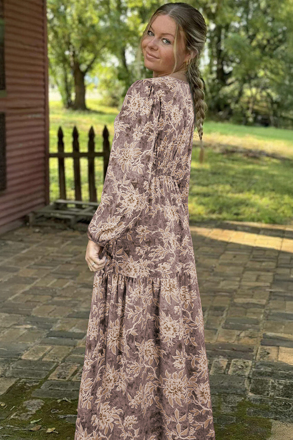Lvness Brown Floral Print Smocked High Waist Long Sleeve Maxi Dress