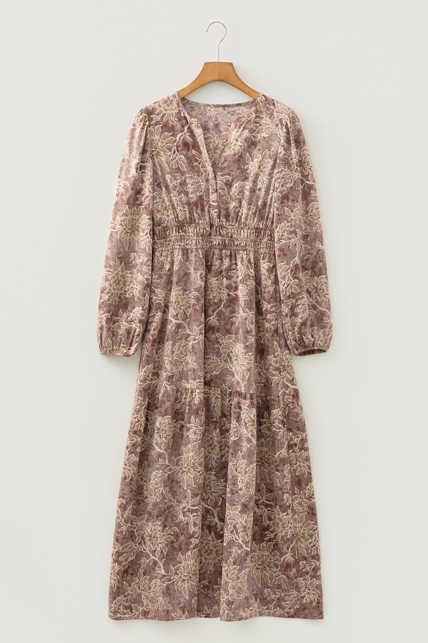 Lvness Brown Floral Print Smocked High Waist Long Sleeve Maxi Dress
