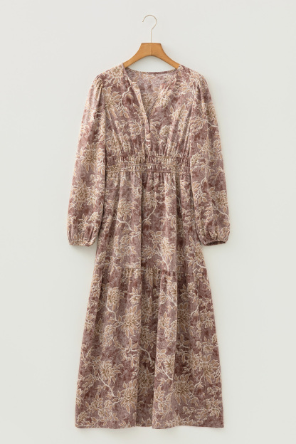 Lvness Brown Floral Print Smocked High Waist Long Sleeve Maxi Dress