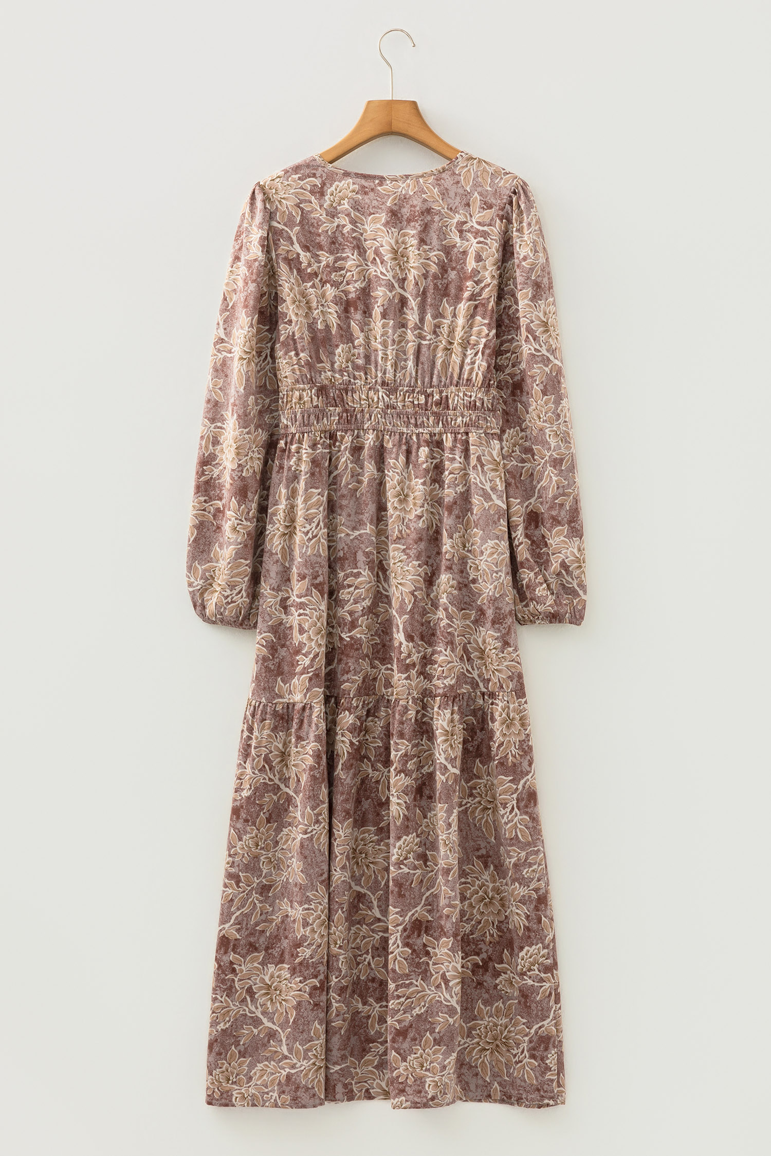 Lvness Brown Floral Print Smocked High Waist Long Sleeve Maxi Dress
