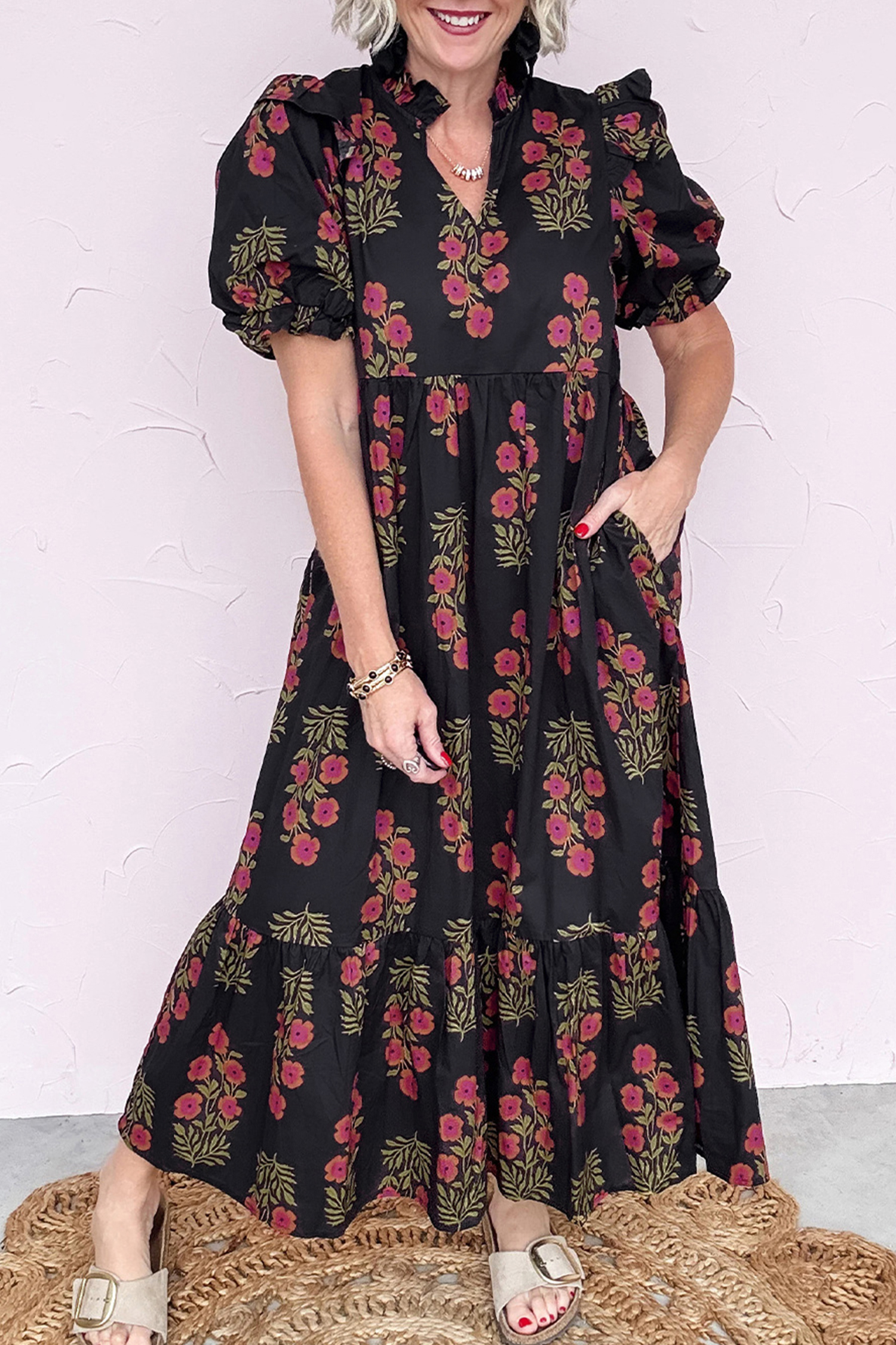 Lvness Black Floral Short Bubble Sleeve Tiered Maxi Dress