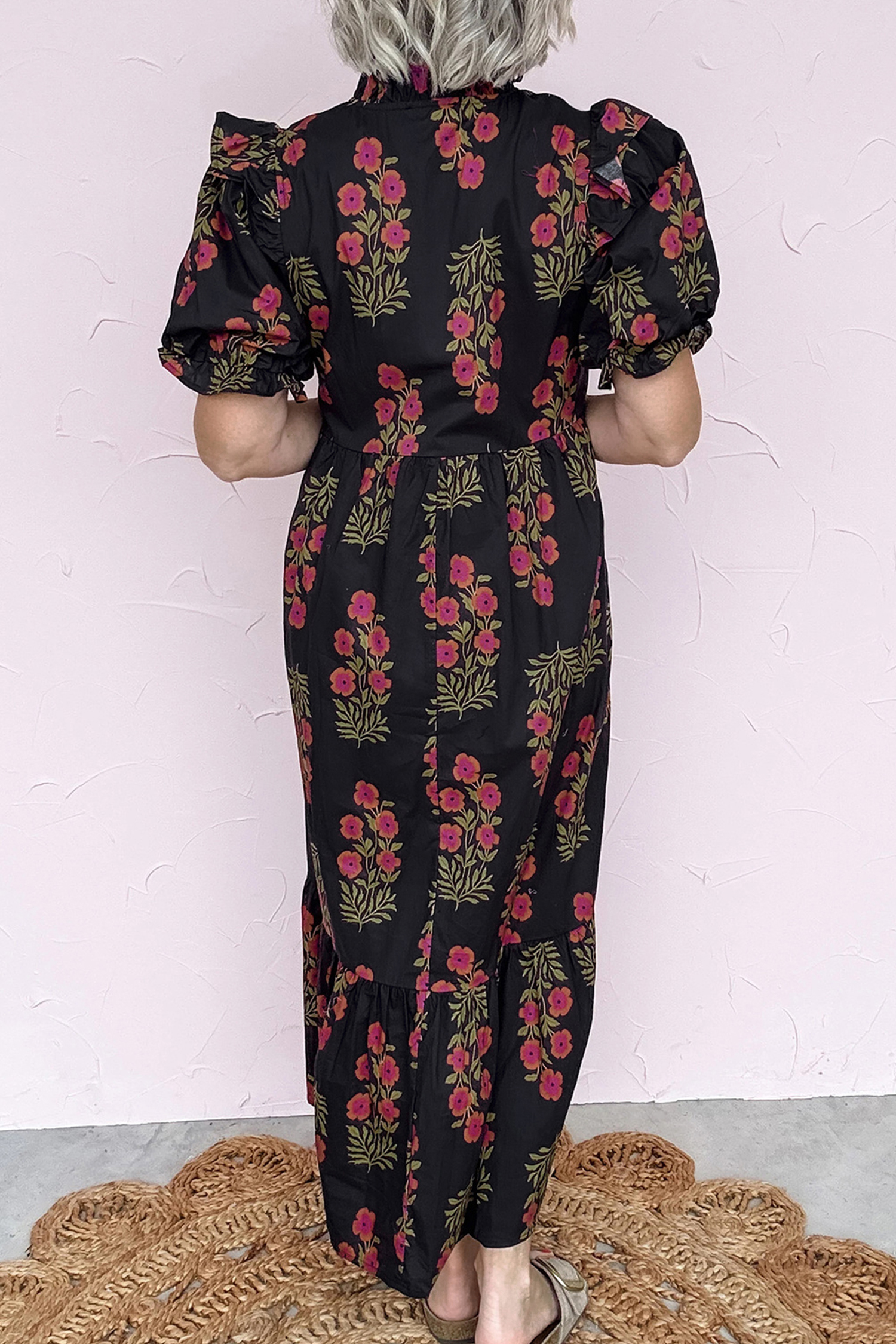 Lvness Black Floral Short Bubble Sleeve Tiered Maxi Dress