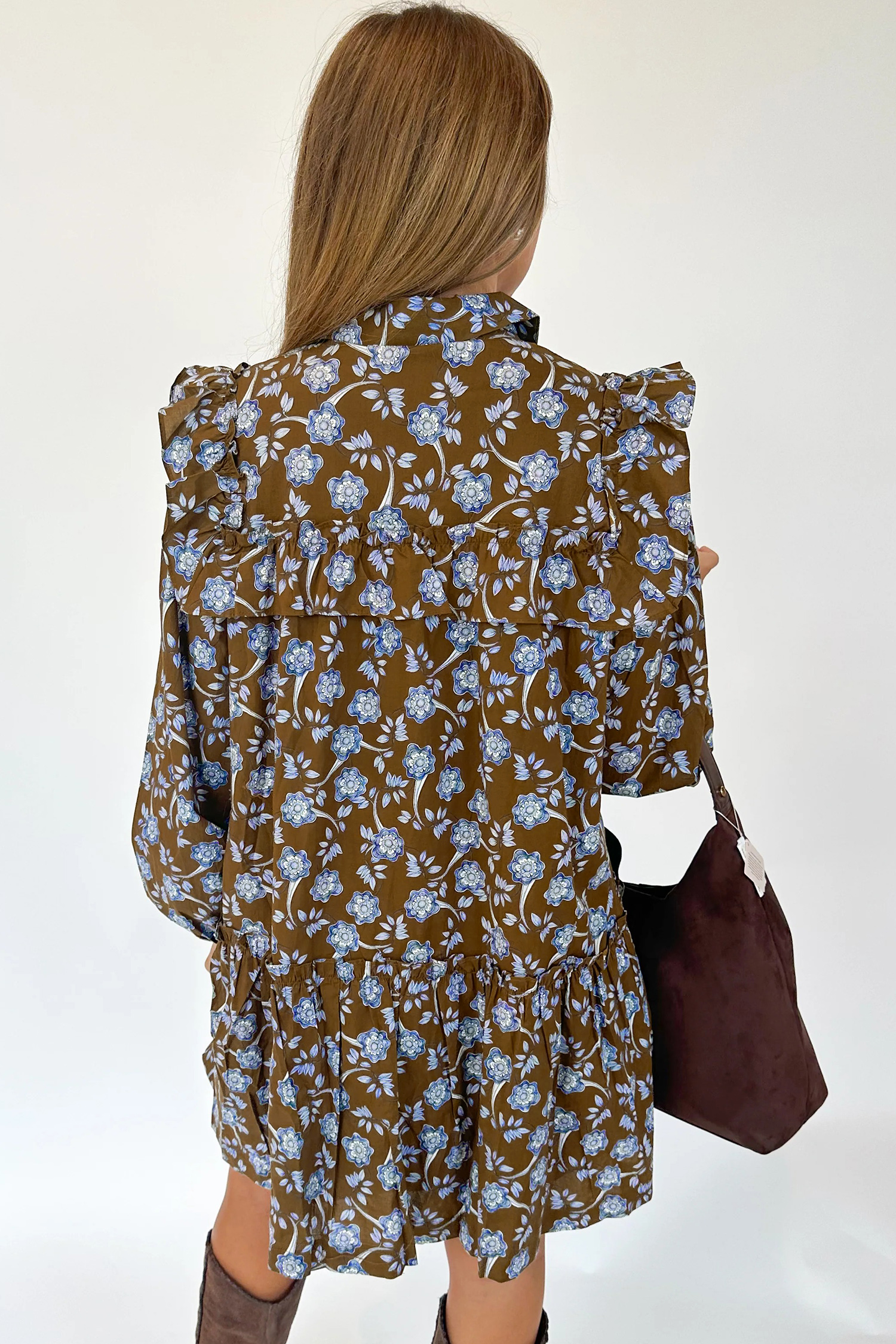 Lvness Brown Floral Print Ruffled Detail Shirt Collar Button Down Long Sleeve Dress