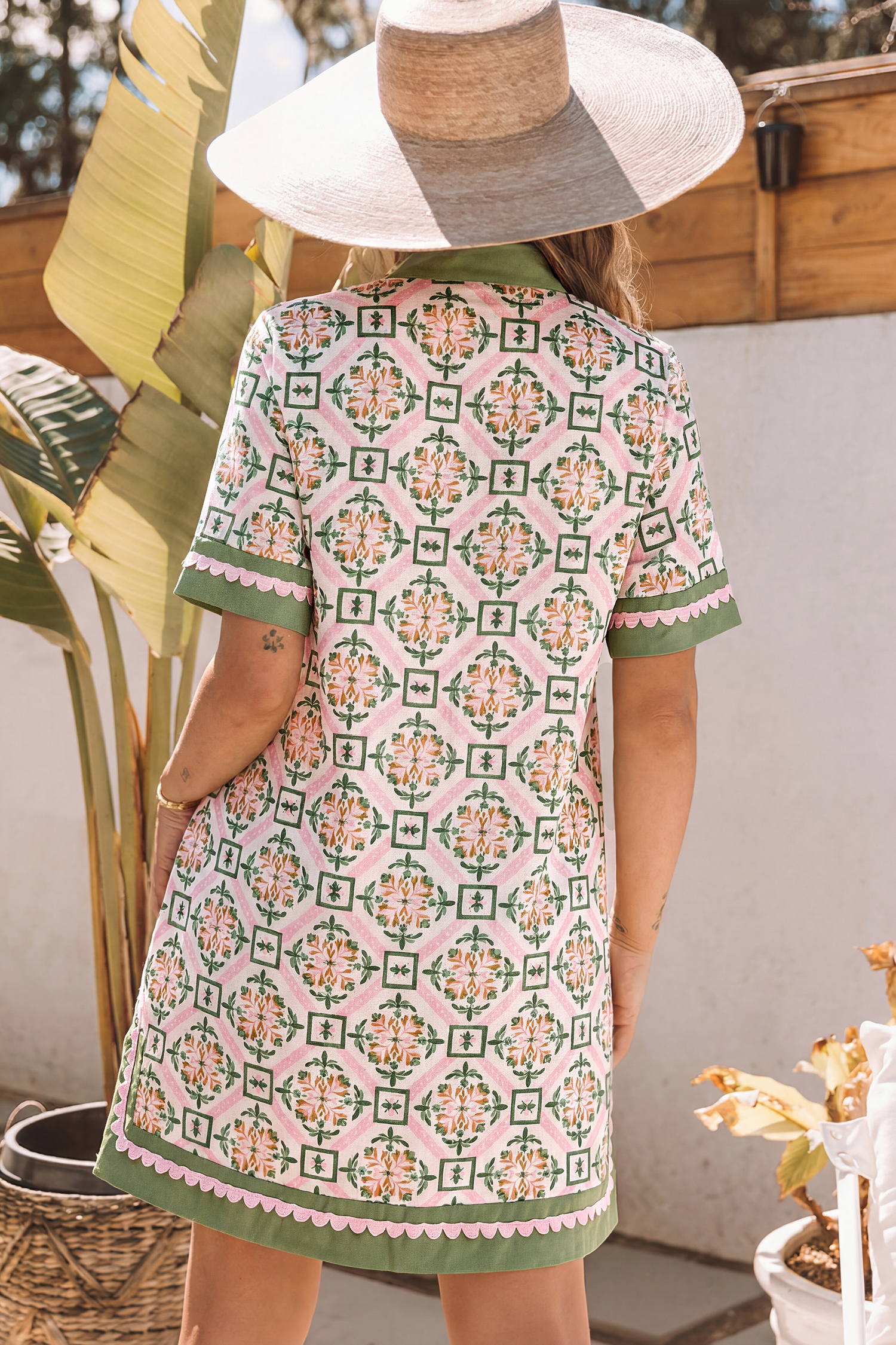 Lvness Boho Geometric Flower Print Short Sleeve Loose Mini Dress