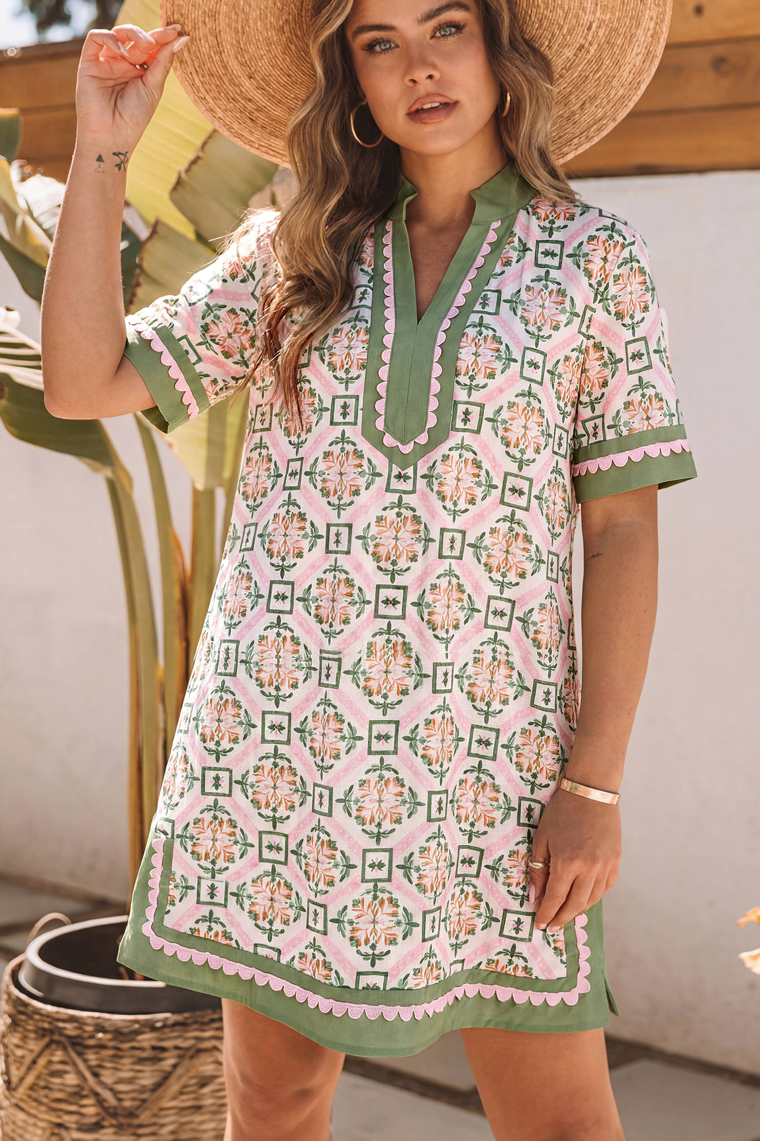 Lvness Boho Geometric Flower Print Short Sleeve Loose Mini Dress