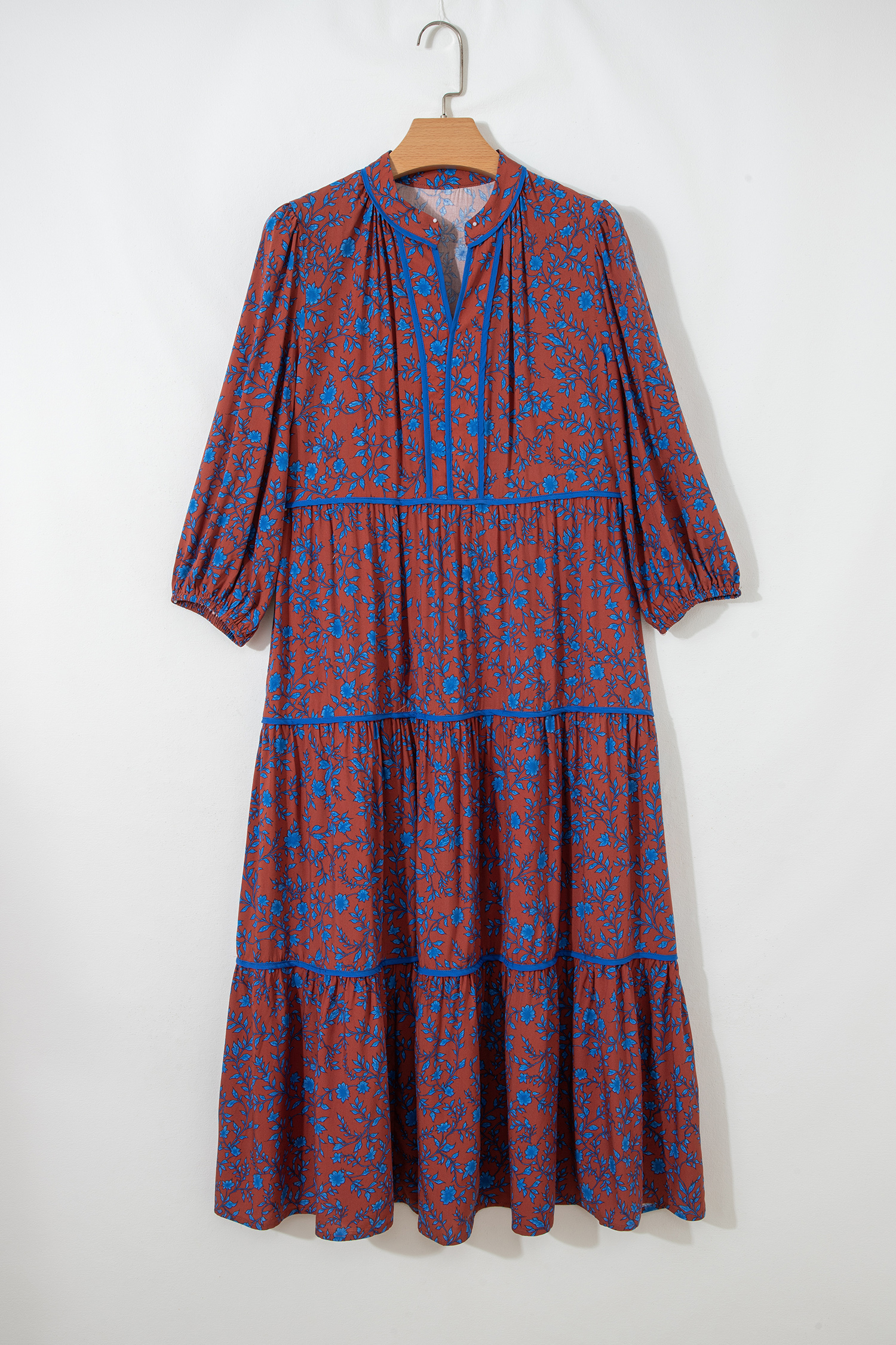 Lvness Brown 3/4 Puff Sleeve Tiered Loose Floral Dress