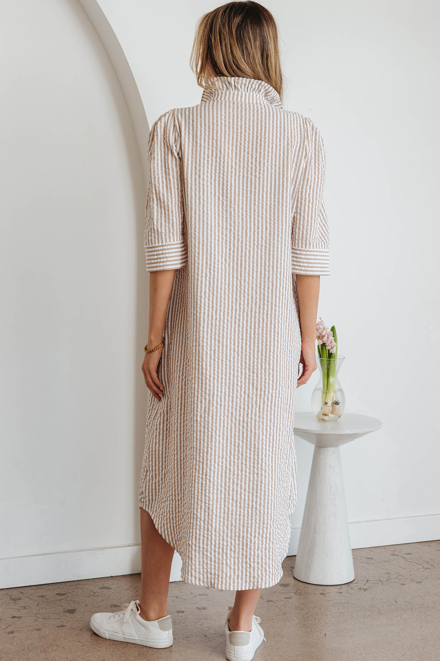 Lvness Khaki Stripe Frilled Collar Half Sleeve Shirt Maxi Dress