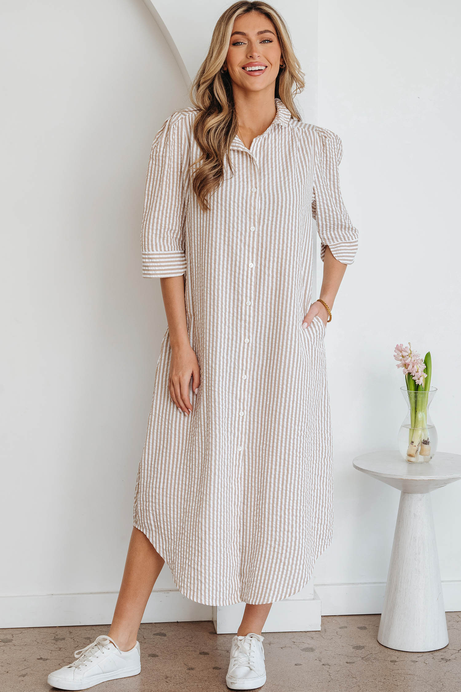 Lvness Khaki Stripe Frilled Collar Half Sleeve Shirt Maxi Dress