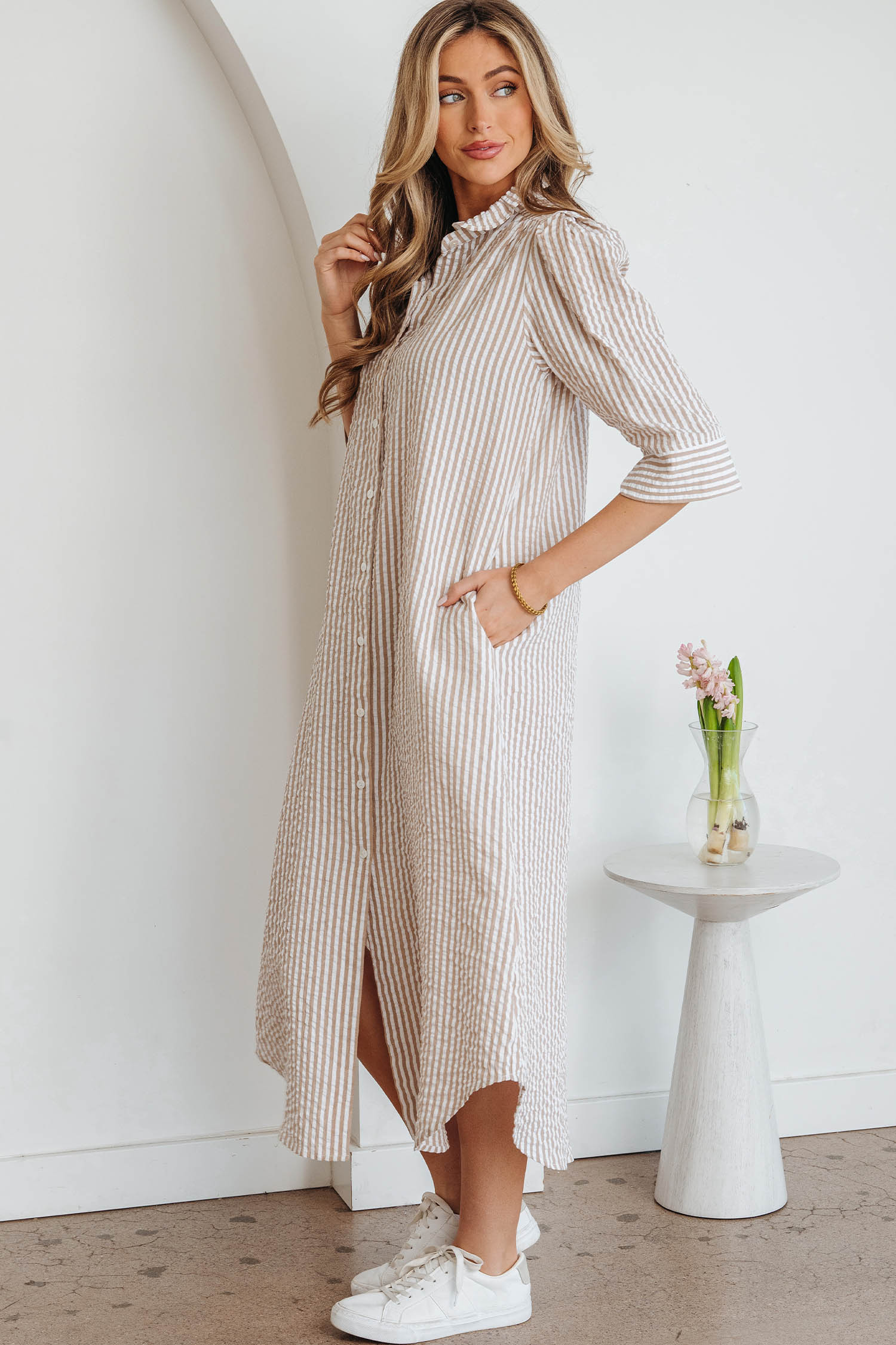 Lvness Khaki Stripe Frilled Collar Half Sleeve Shirt Maxi Dress