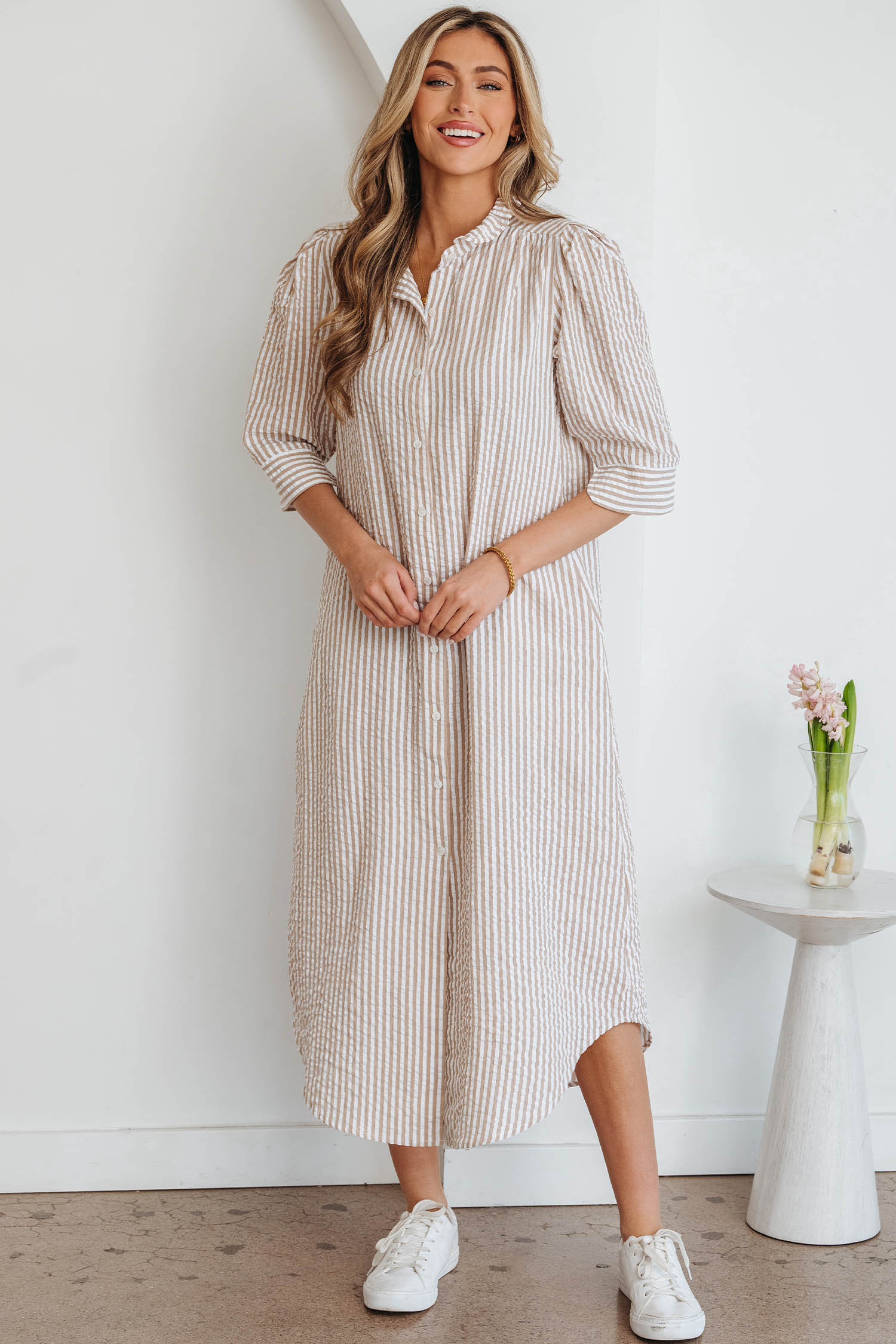 Lvness Khaki Stripe Frilled Collar Half Sleeve Shirt Maxi Dress