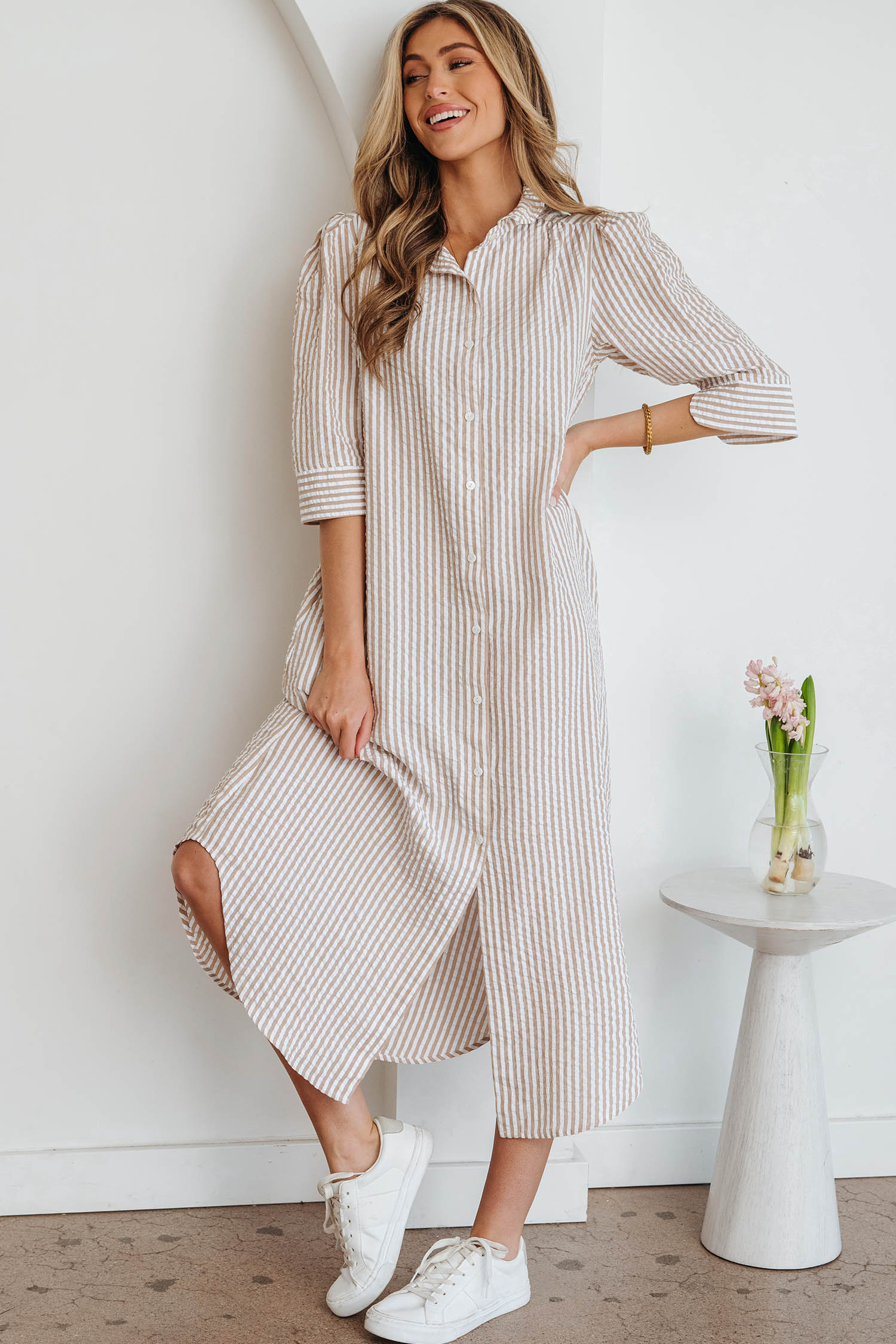 Lvness Khaki Stripe Frilled Collar Half Sleeve Shirt Maxi Dress