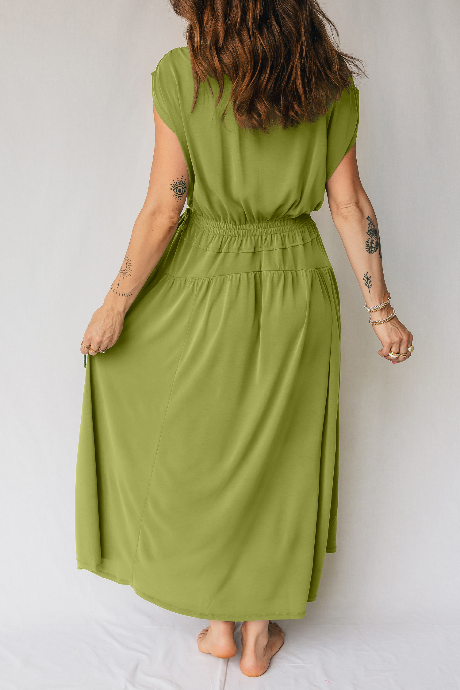 Lvness Green Solid V Neck Cap Sleeve Tunic Elastic Waist Versatile Maxi Dress
