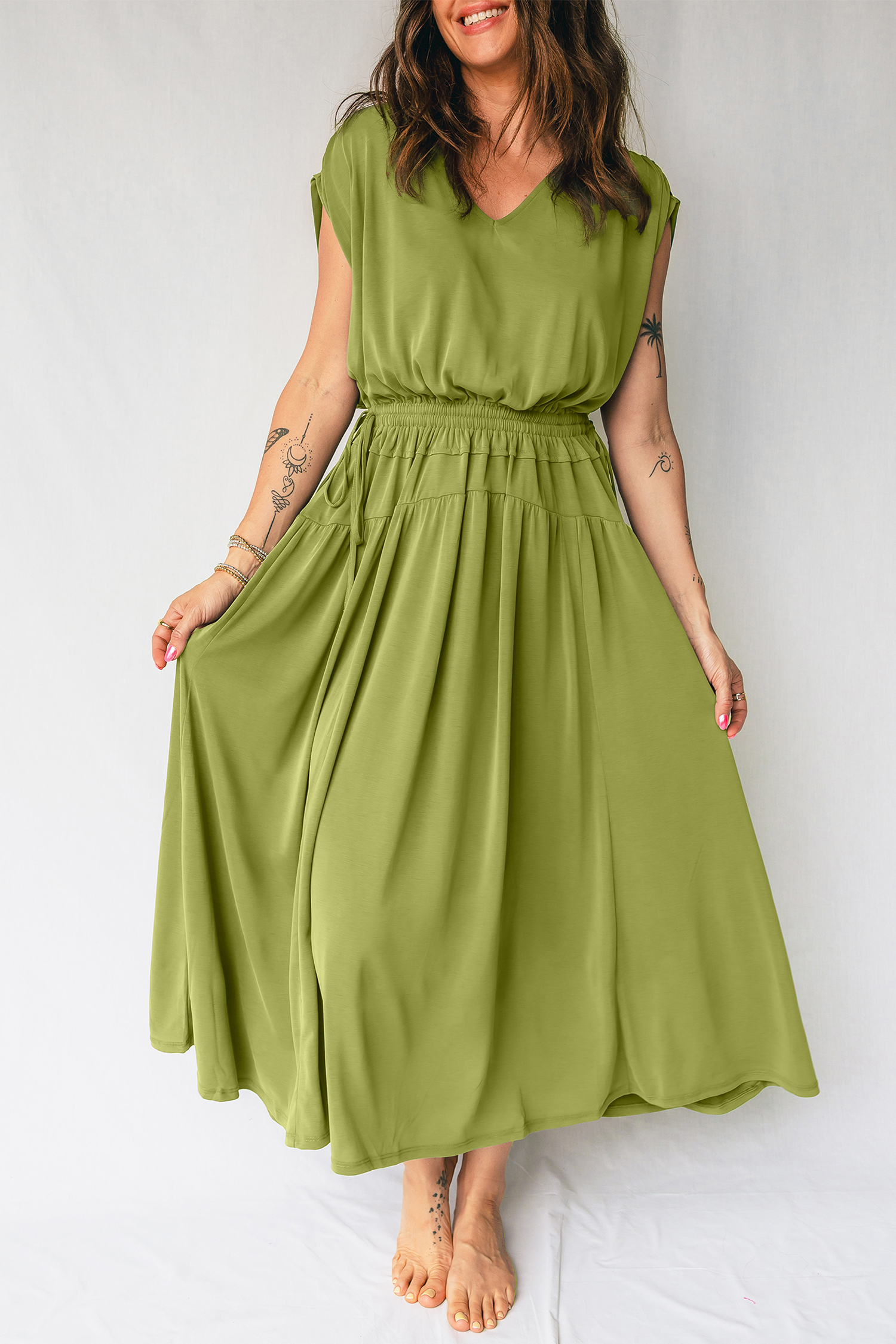 Lvness Green Solid V Neck Cap Sleeve Tunic Elastic Waist Versatile Maxi Dress