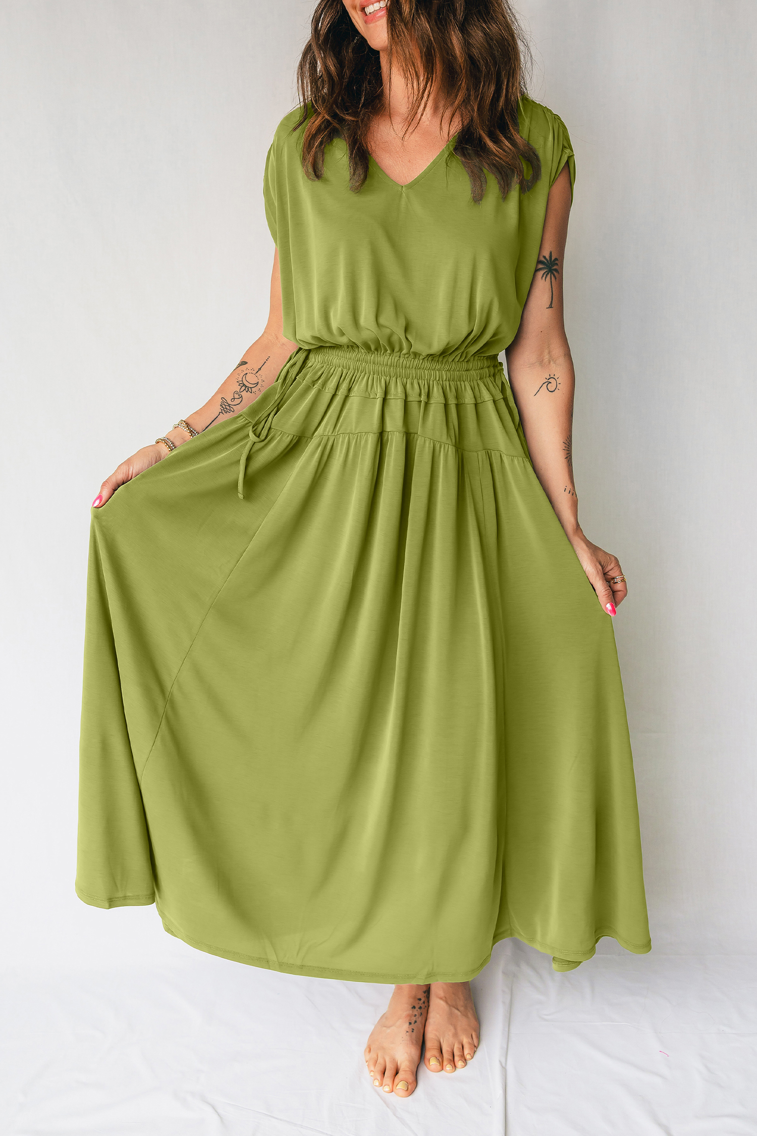 Lvness Green Solid V Neck Cap Sleeve Tunic Elastic Waist Versatile Maxi Dress