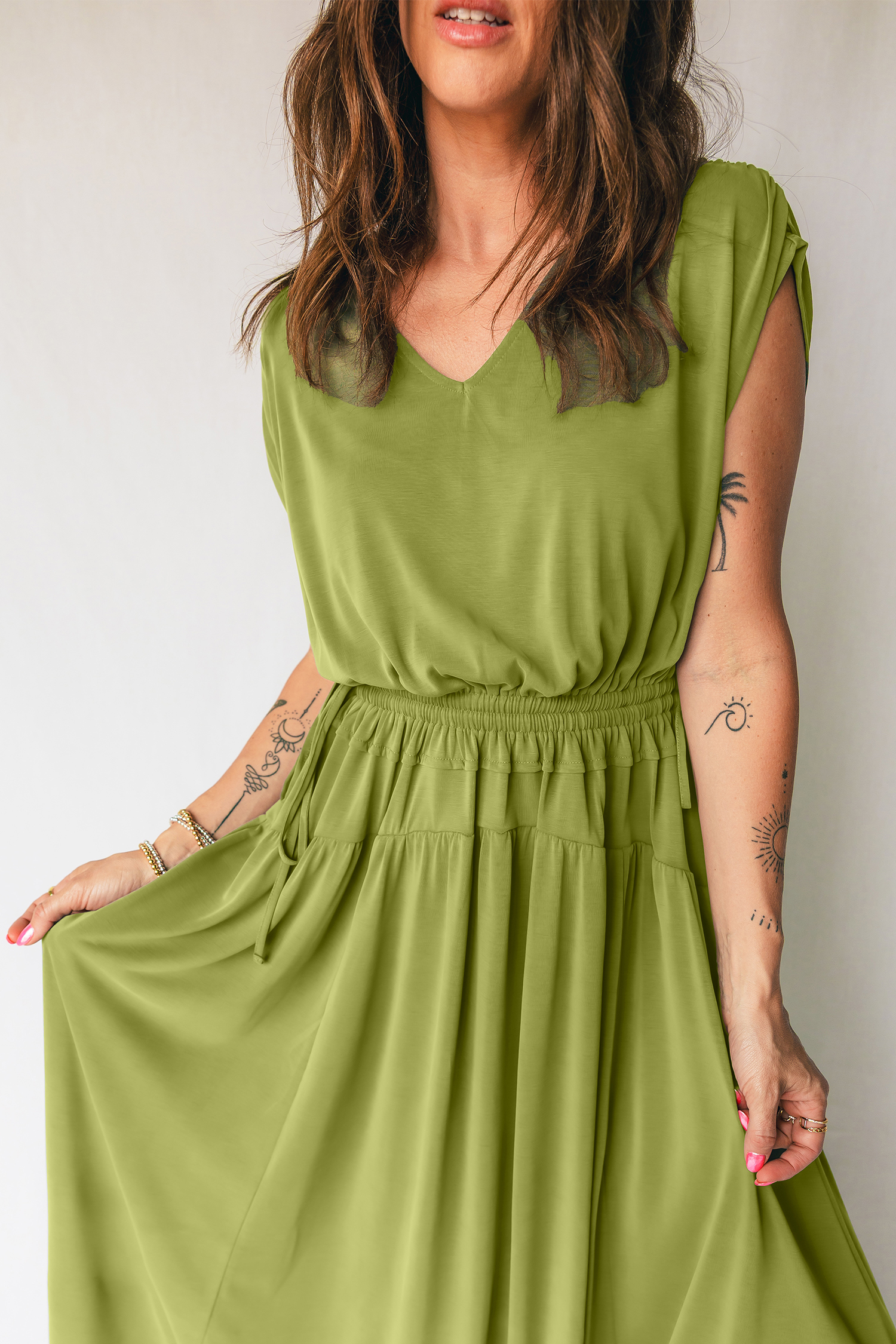 Lvness Green Solid V Neck Cap Sleeve Tunic Elastic Waist Versatile Maxi Dress