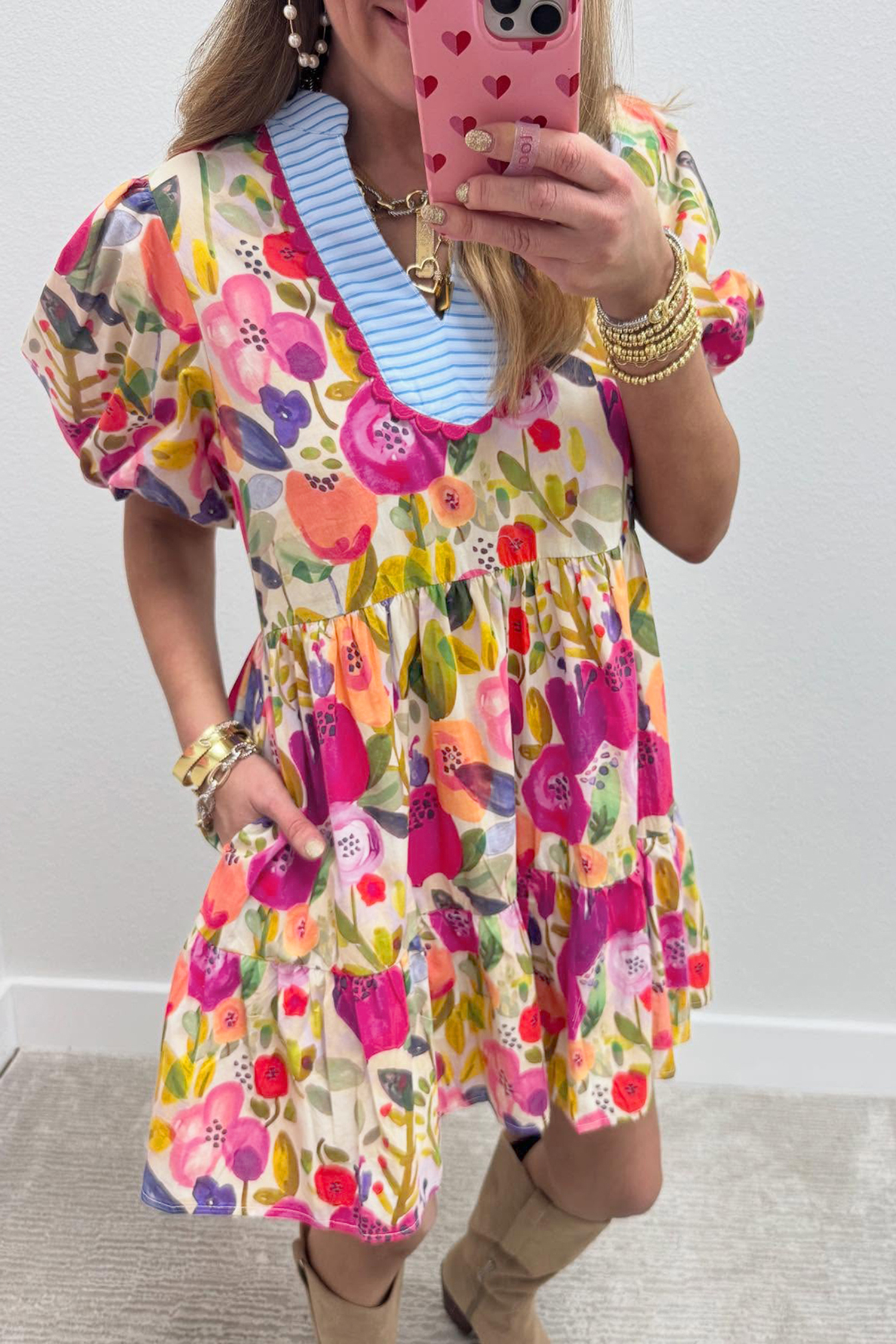 Lvness Rose Bright Floral Print Ricrac Trim Striped Patchwork V Neck Dress