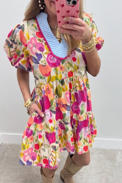 Lvness Rose Bright Floral Print Ricrac Trim Striped Patchwork V Neck Dress