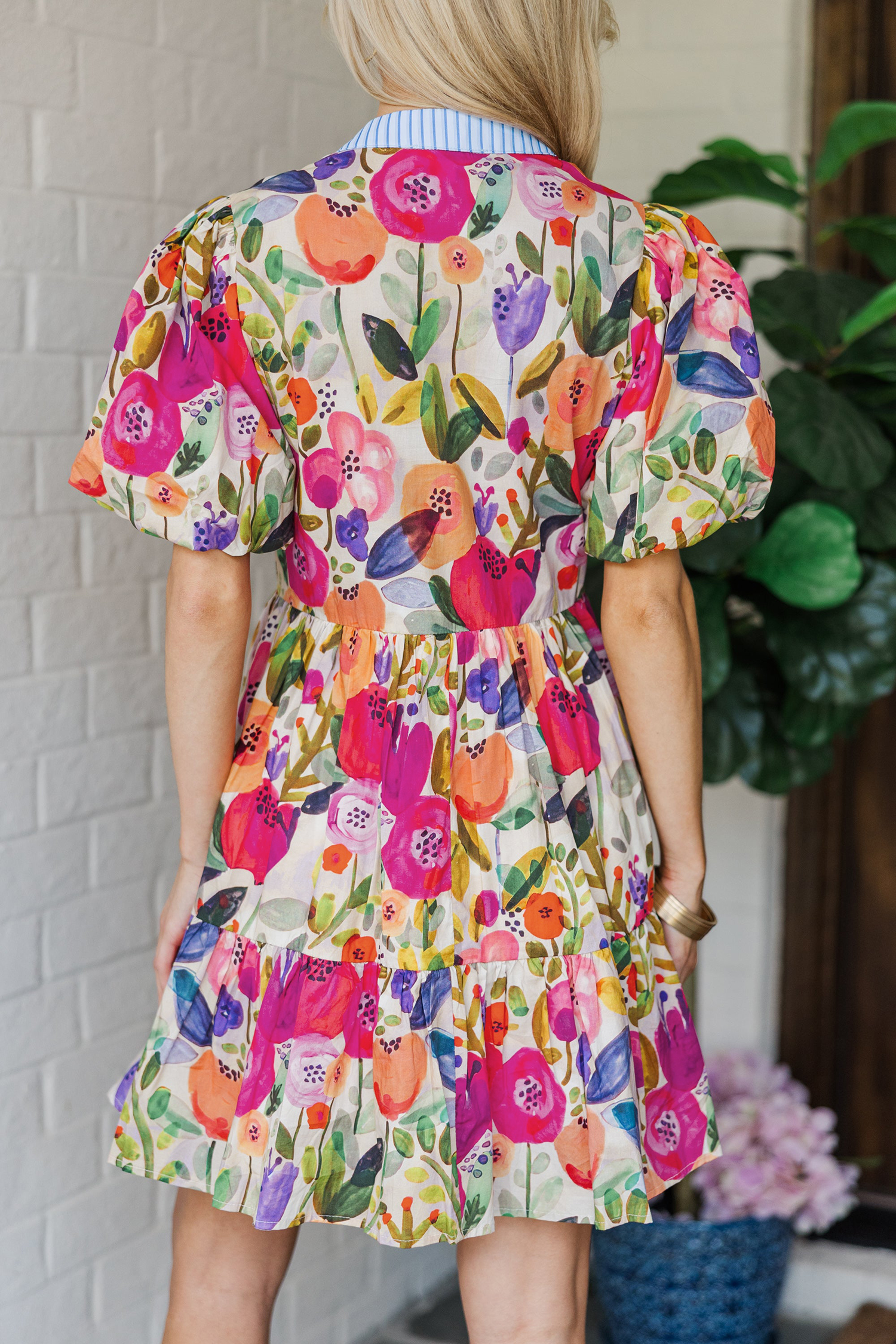 Lvness Rose Bright Floral Print Ricrac Trim Striped Patchwork V Neck Dress