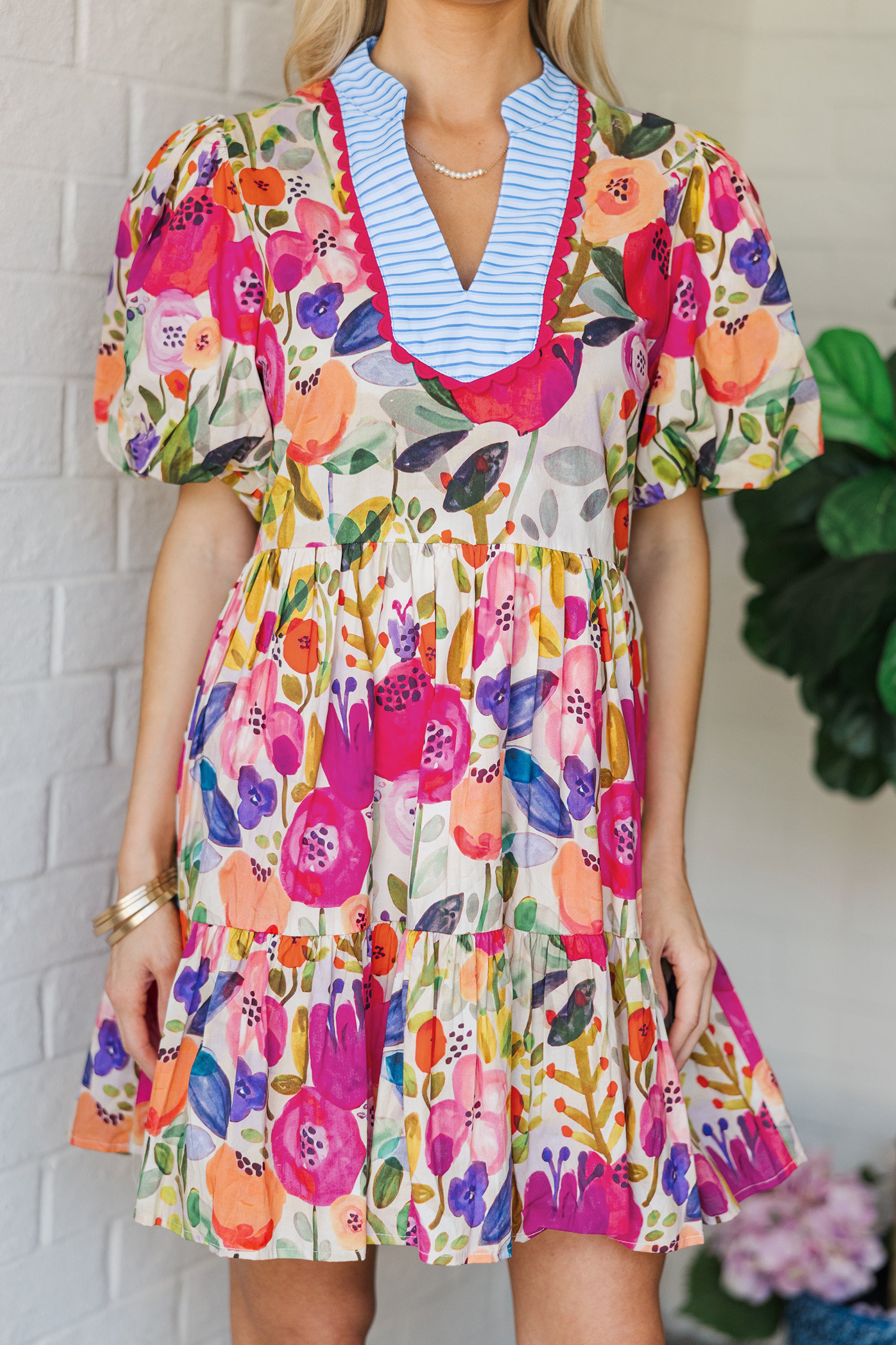 Lvness Rose Bright Floral Print Ricrac Trim Striped Patchwork V Neck Dress