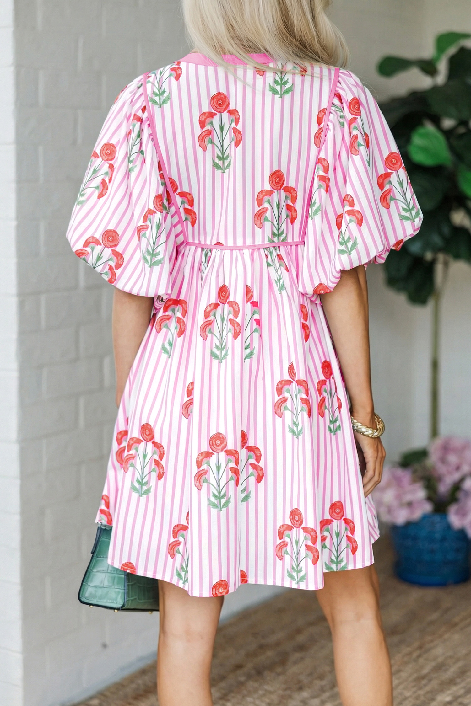 Lvness Pink Floral Striped Print Tie Notched Neck Puff Sleeve Flared Mini Dress