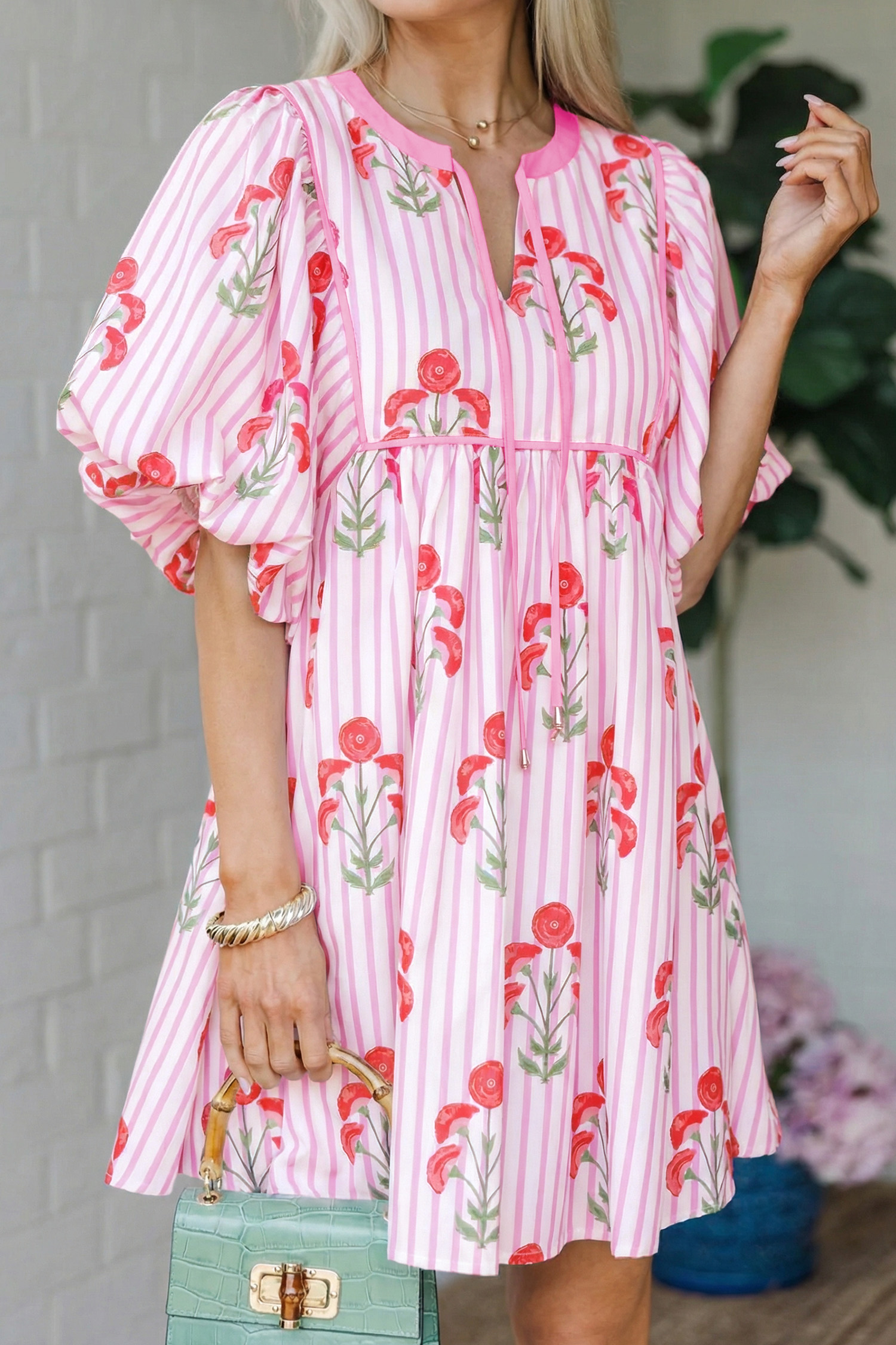 Lvness Pink Floral Striped Print Tie Notched Neck Puff Sleeve Flared Mini Dress
