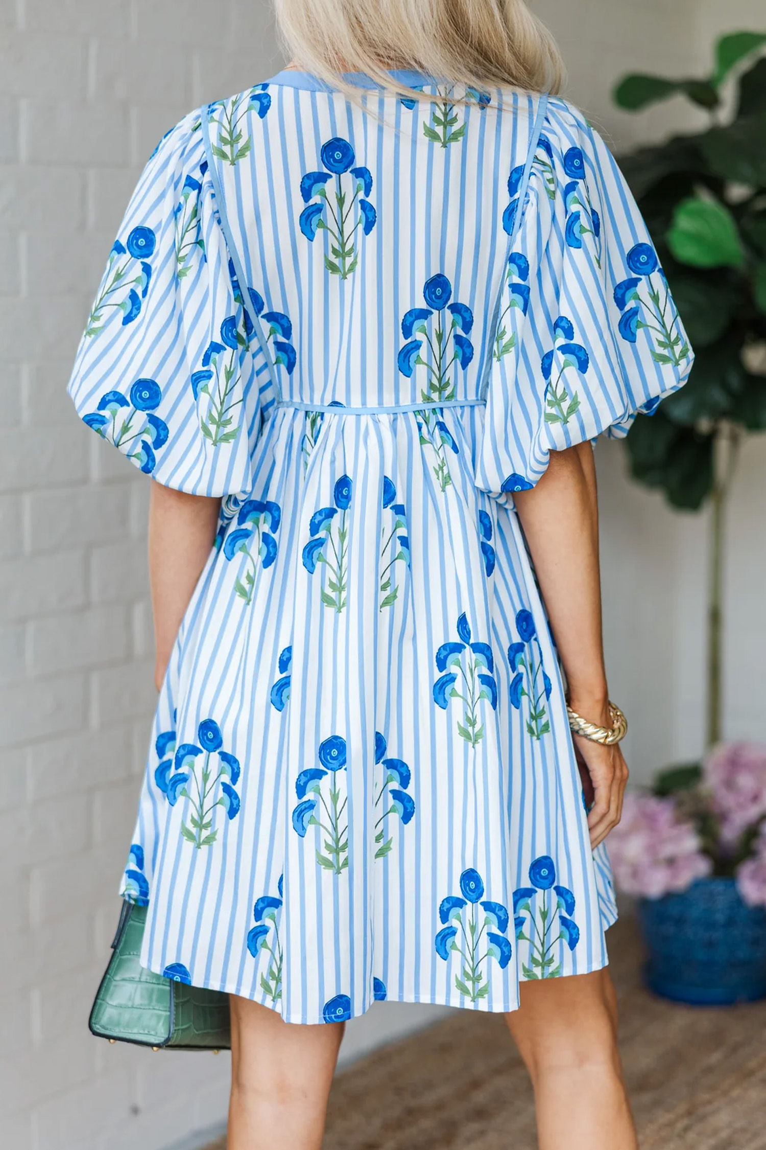 Lvness Blue Floral Striped Print Tie Notched Neck Puff Sleeve Flared Mini Dress