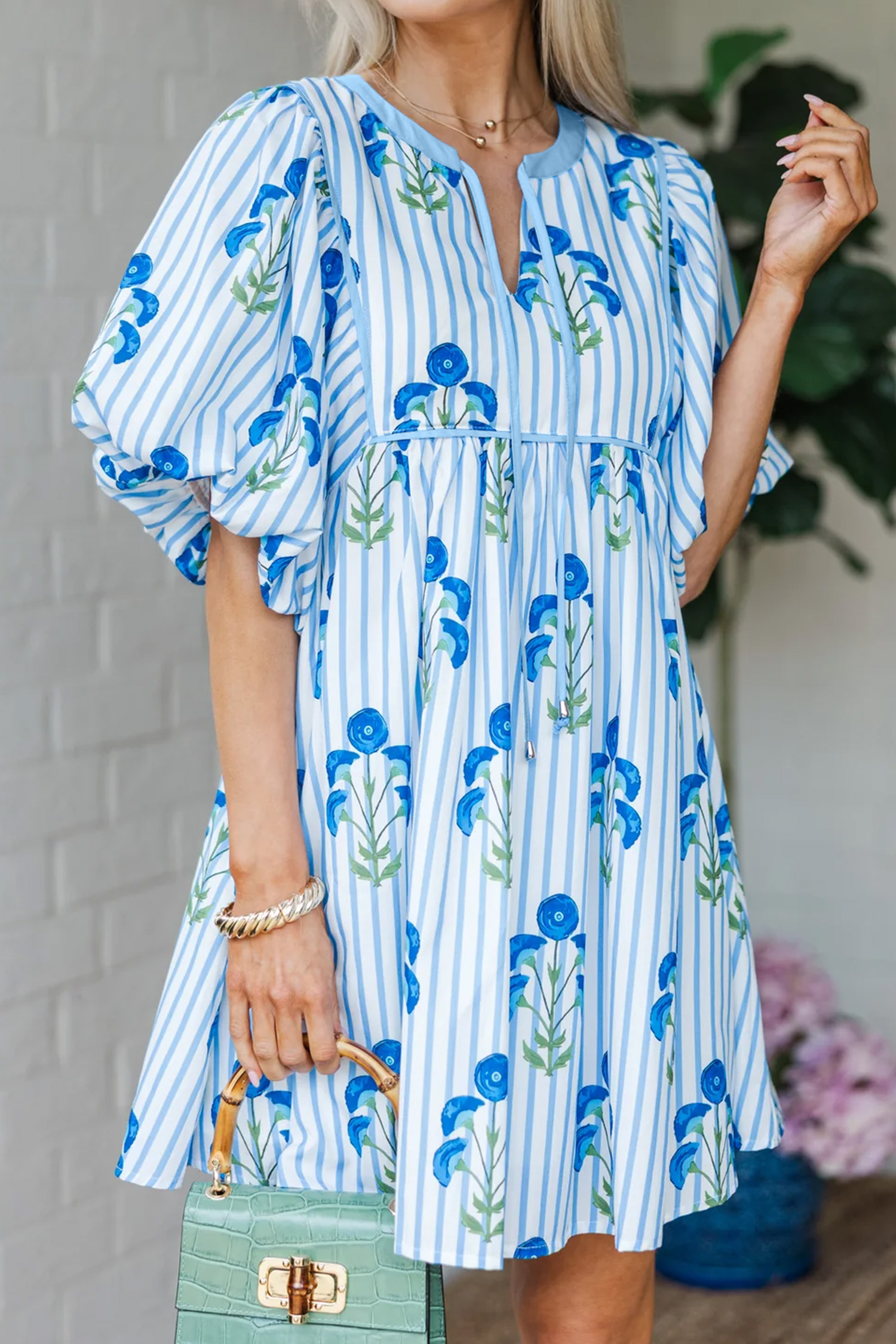 Lvness Blue Floral Striped Print Tie Notched Neck Puff Sleeve Flared Mini Dress