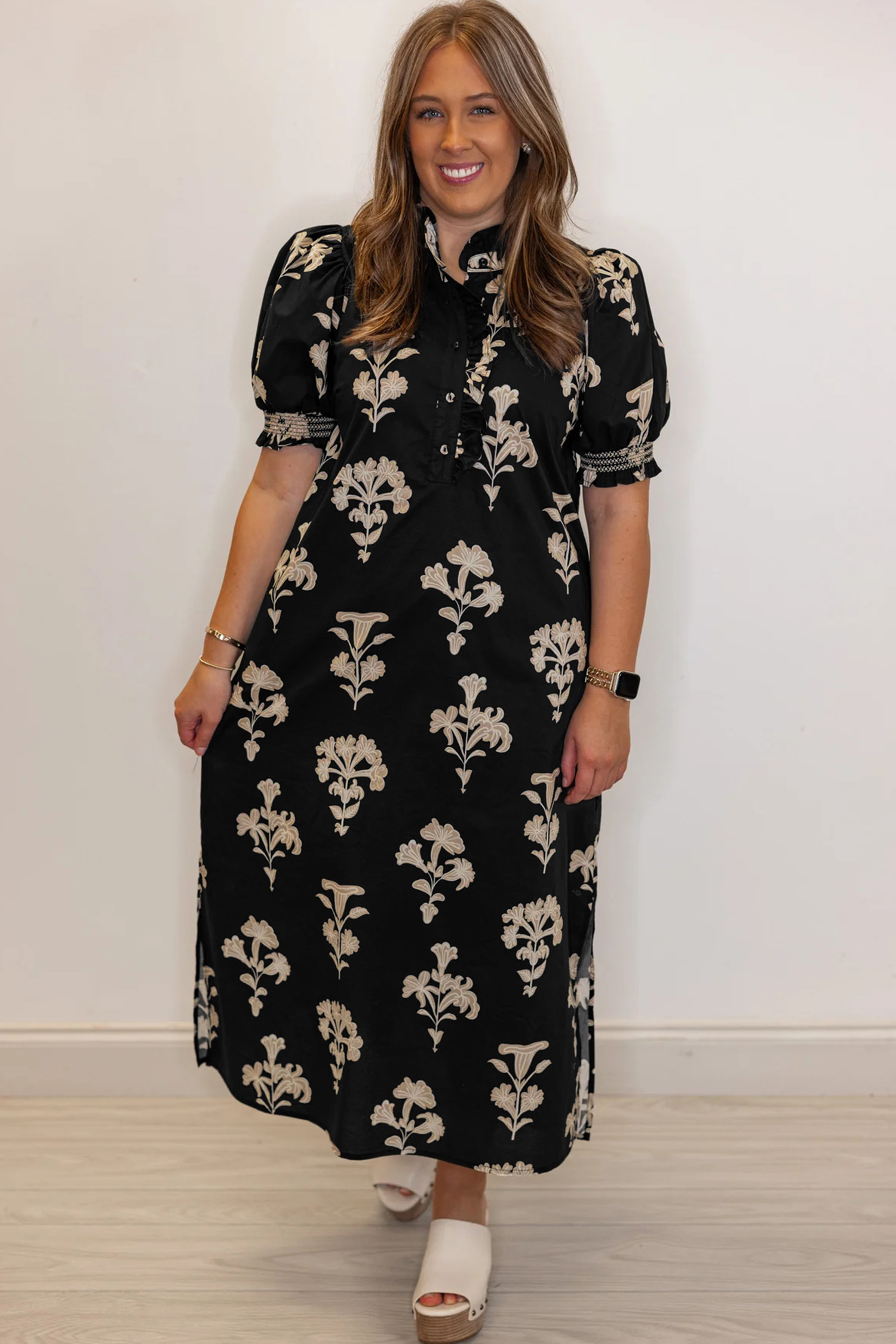 Lvness Black Floral Print Frilled Collar Short Puff Sleeve Maxi Dress