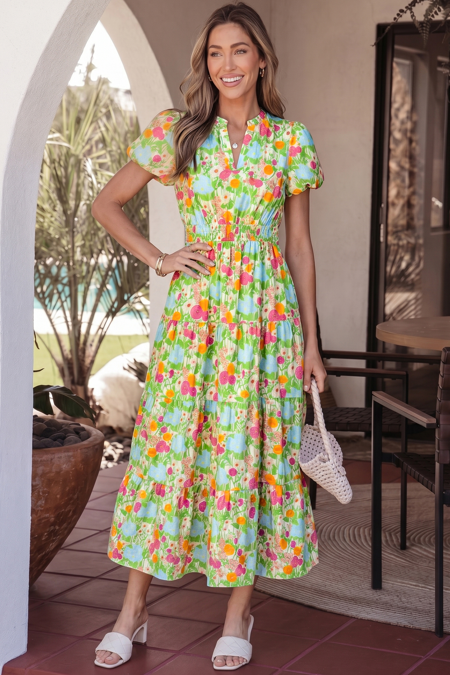 Lvness Green Floral Print V Neck Short Puff Sleeve Cotton Maxi Dress